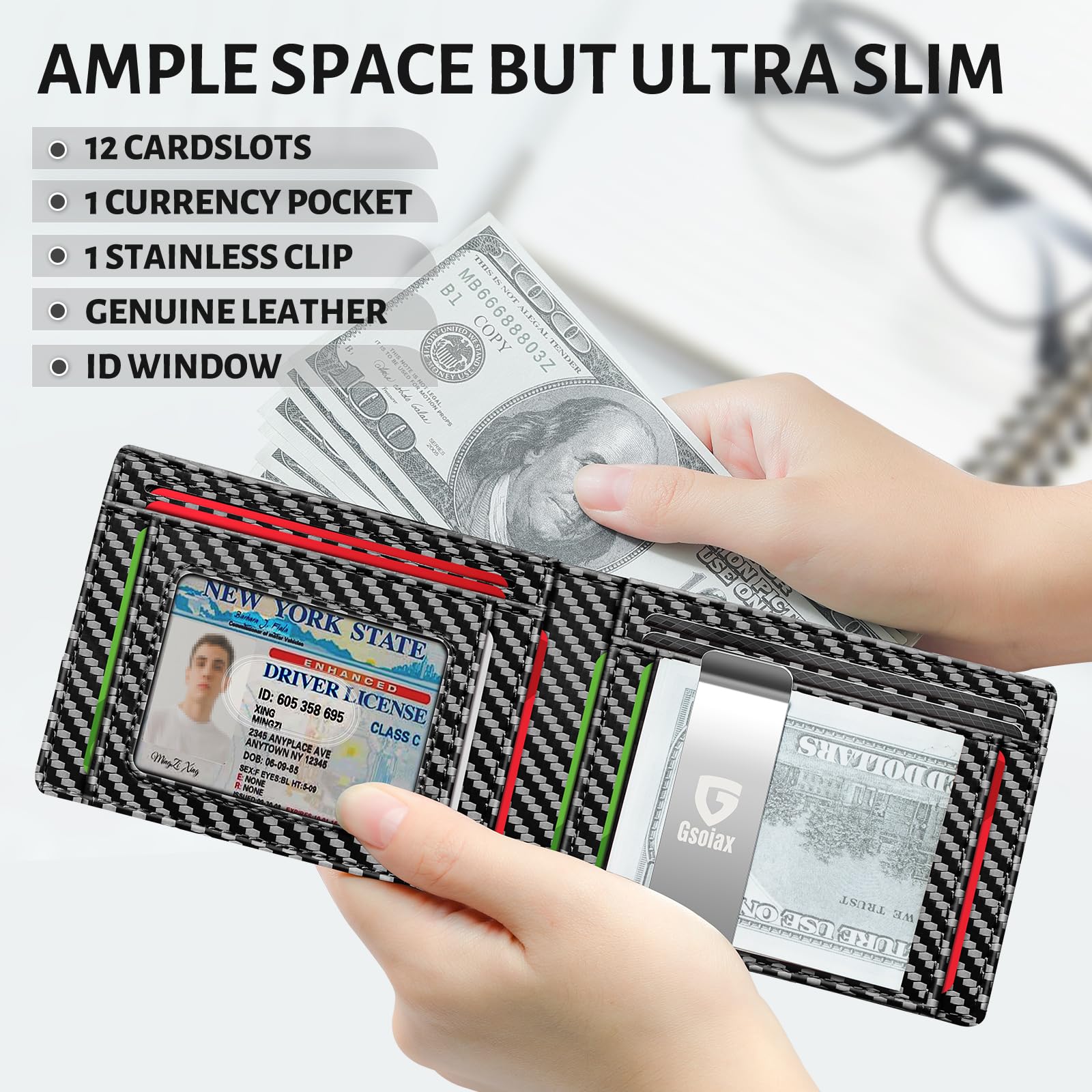 GSOIAX Slim Wallet for Men Rfid Blocking Leather Bifold Front Pocket Carbon Fiber Men's Money Clips Credit Card Holder With Gift Box