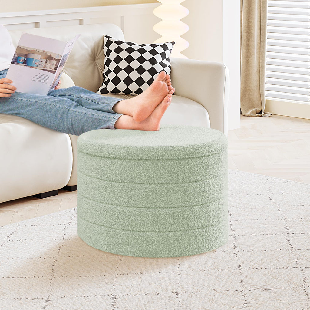 PINPLUS Round Storage Ottoman Foot Rest Stool with Tray Velvet Sherpa Folding Storage Ottoman,Boucle Foot Rest for Living Room, Bedroom, Dorm（Beige）