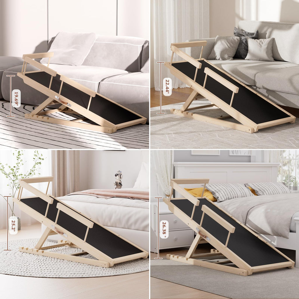 Dog Ramp for Couch, Wooden Pet Ramps 39.37" Long Adjustable 12"-20.47" Folding Puppy Ramps with Anti-Slip Rubber Mat, Dog Stairs for Small & Medium Older Dogs & Cats, up to 100lbs