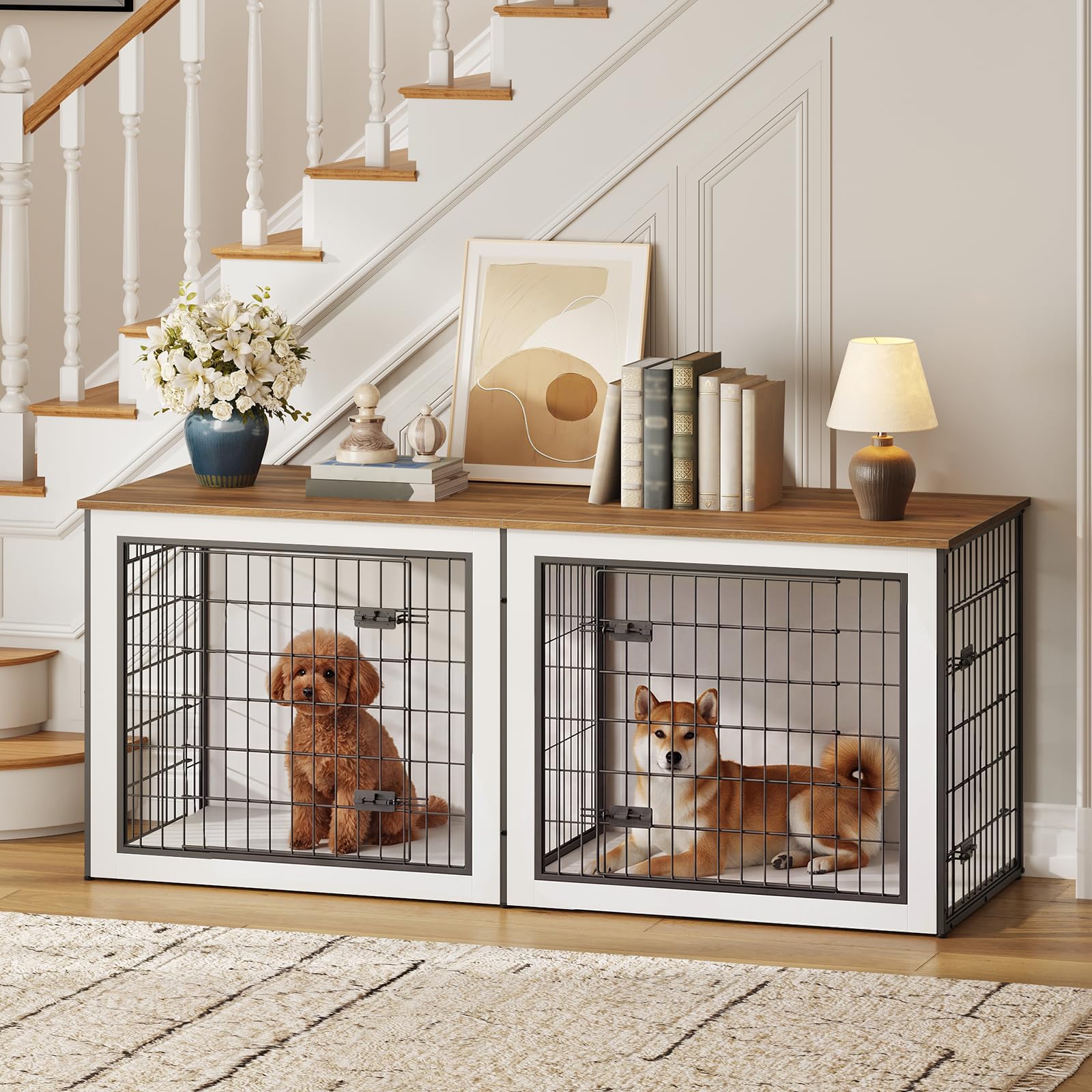 HOOBRO Dog Crate Furniture for 2 Dogs, 63" Large Double Dog Crate Furniture with Divider, Wooden Indoor Kennel TV Stand for Medium Large Dogs, Rustic Brown BF55GW03