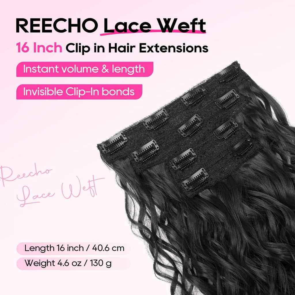 REECHO Curly Hair Extensions, 4PCS 16 inch Clip in Hair Extensions Lace Weft Short Curly Hair Extensions Clip Ins Invisible Natural Hairpieces for Women, Ash Blonde with Highlights