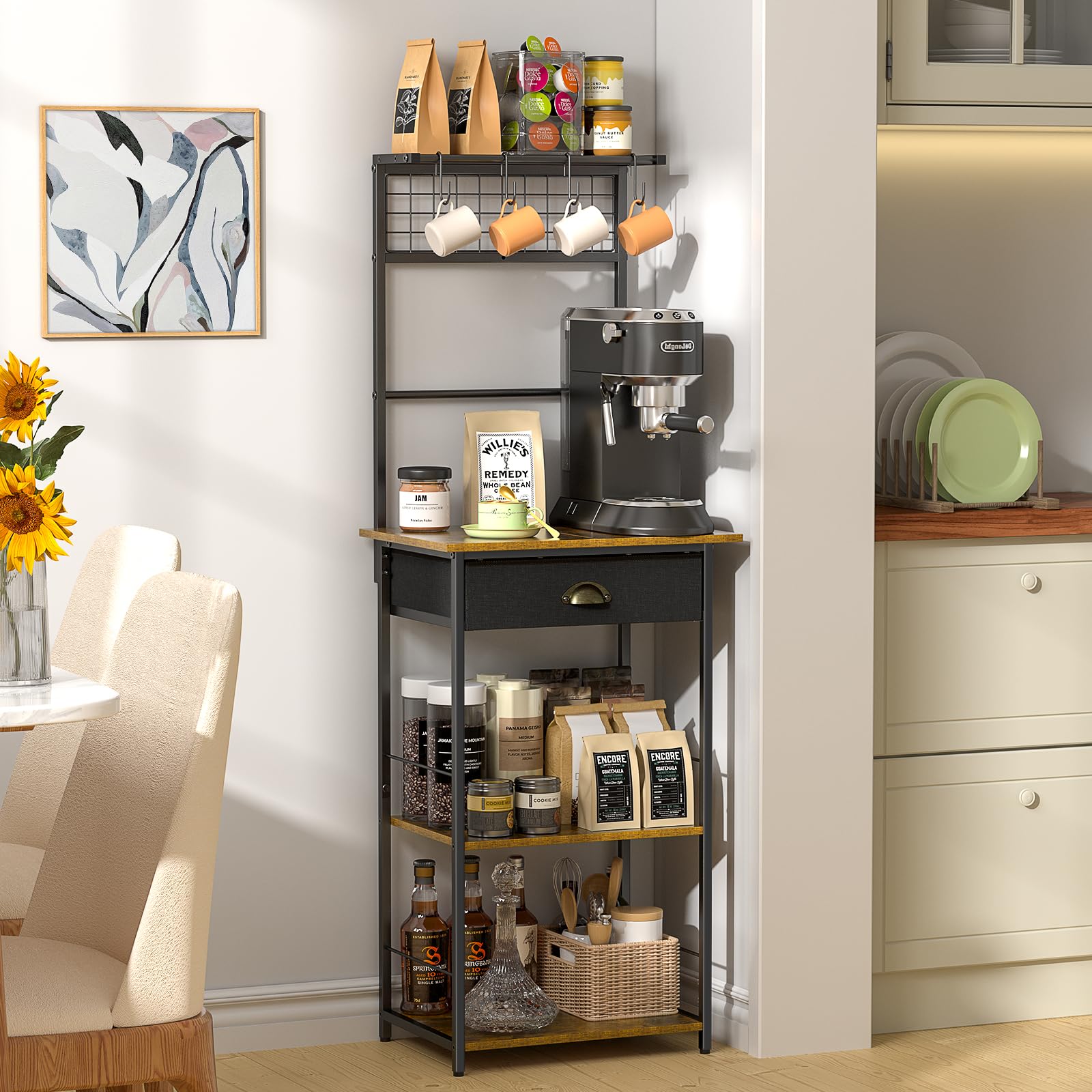 5 Tier Coffee Bar Station, Kitchen Stand with 4 S-Shaped Hooks, Farmhouse Corner Coffee Bar Cabinet for Small Spaces, Bakers Rack for Kitchen, Entryway, Living Room, 13.43"D x 18.93"W x 53.31"H