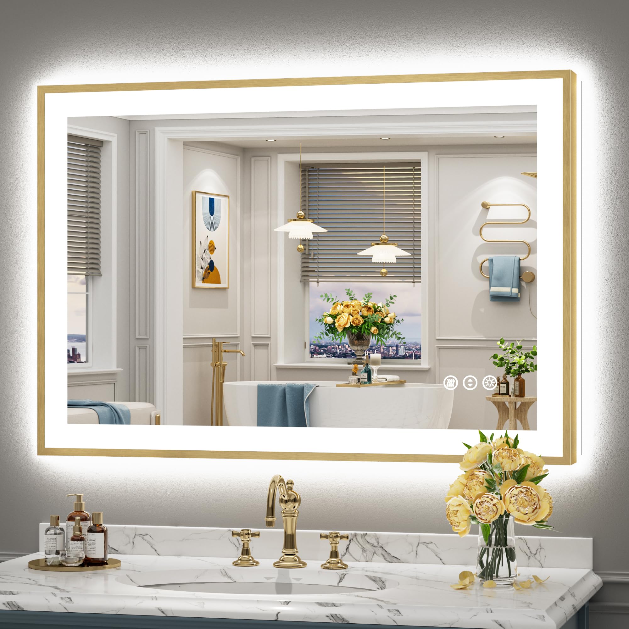 24x36 Gold Beveled LED Bathroom Mirror with Lights, Brushed Gold Framed Backlit and Front Lit Anti-Fog Lighted Vanity Mirrors for Bathroom Wall, Dimmable, 3 Colors, Memory, HD Tempered Glass