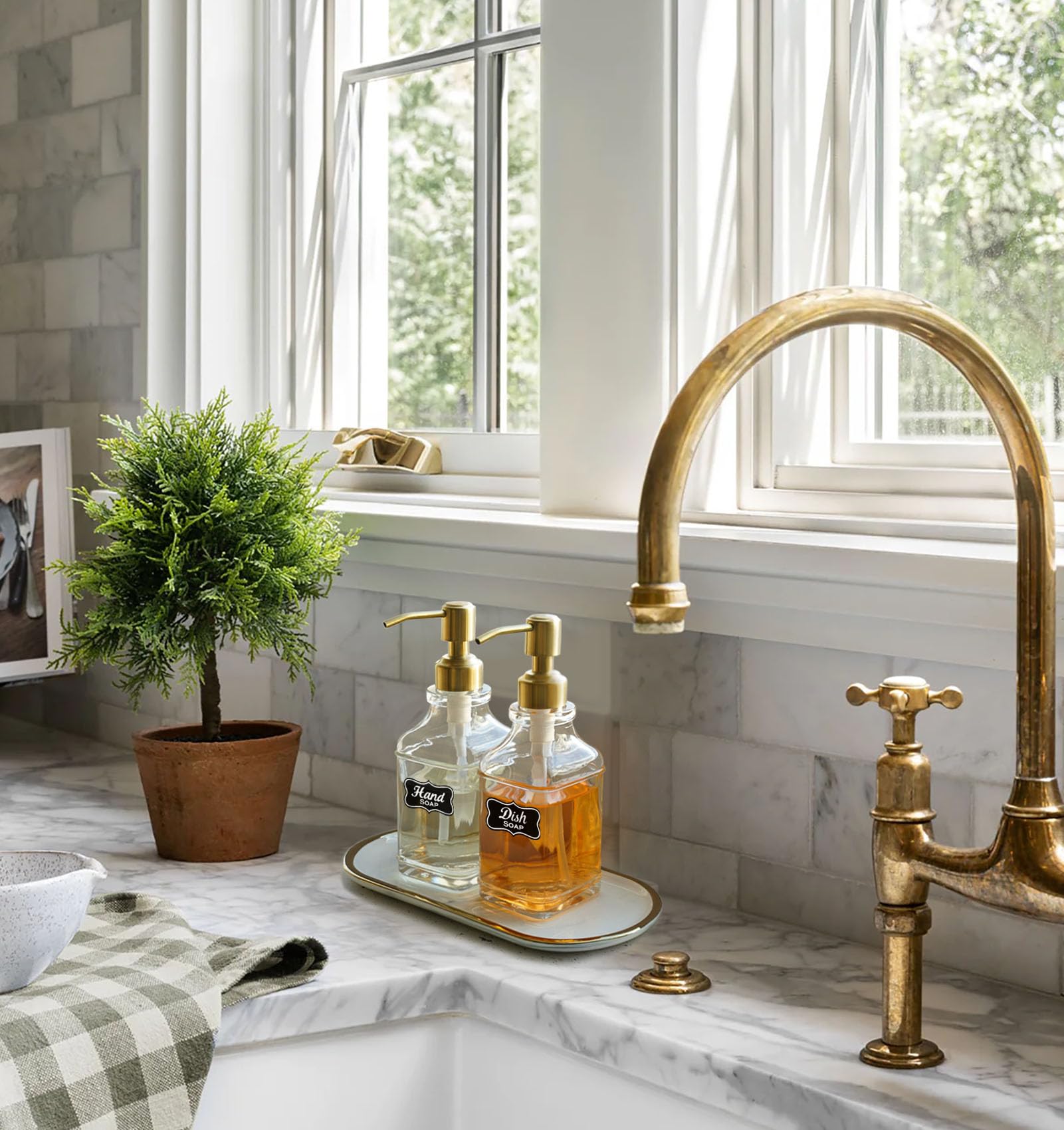 JASAI Antique Design Soap Dispenser with Rust Proof 304 Stainless Steel Pump, Refillable Glass Soap Dispenser with 10Pcs Clear Stickers, Premium Kitchen & Bathroom Soap Dispenser