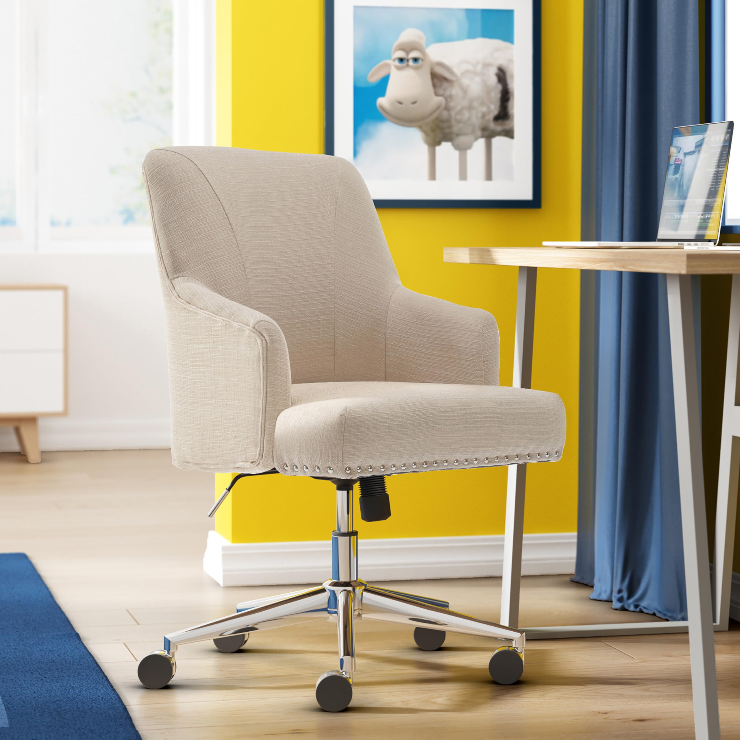 Serta Scarlett Modern Office Chair, Pleated and Curved Mid-Back Desk Chair, Pocket Coil Seat Cushion, Padded Armrests, Vanity Armchair with Wheels, Swivel Gold Base, Beige Velvet Fabric