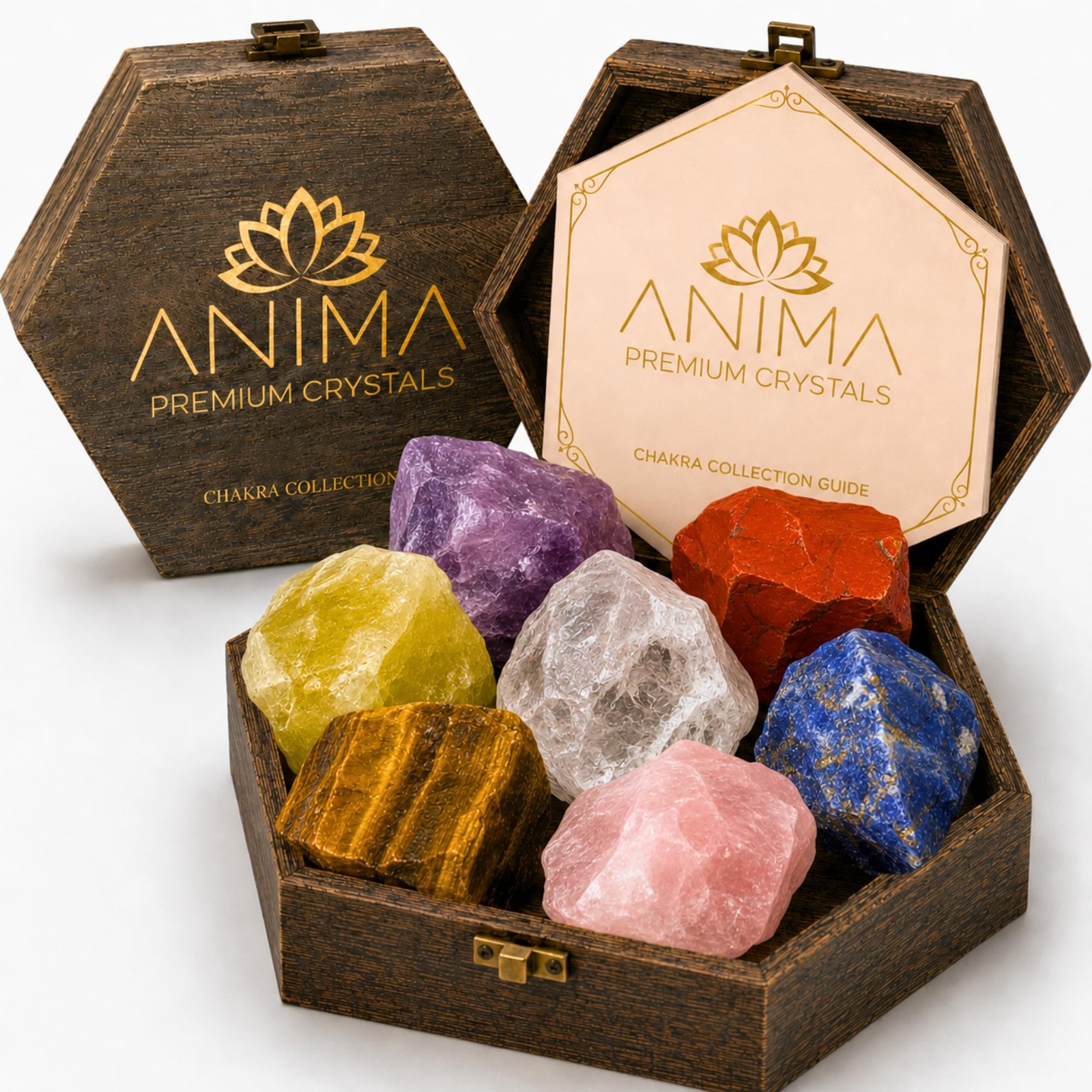 Anima Premium 7 Chakra Healing Crystals Set for Energy Alignment - Large Raw Amethyst, Rose Quartz, Citrine, Lapis Lazuli, Clear Quartz, Tigers Eye & Red Jasper - Wooden Gift Box & Guidebook Included
