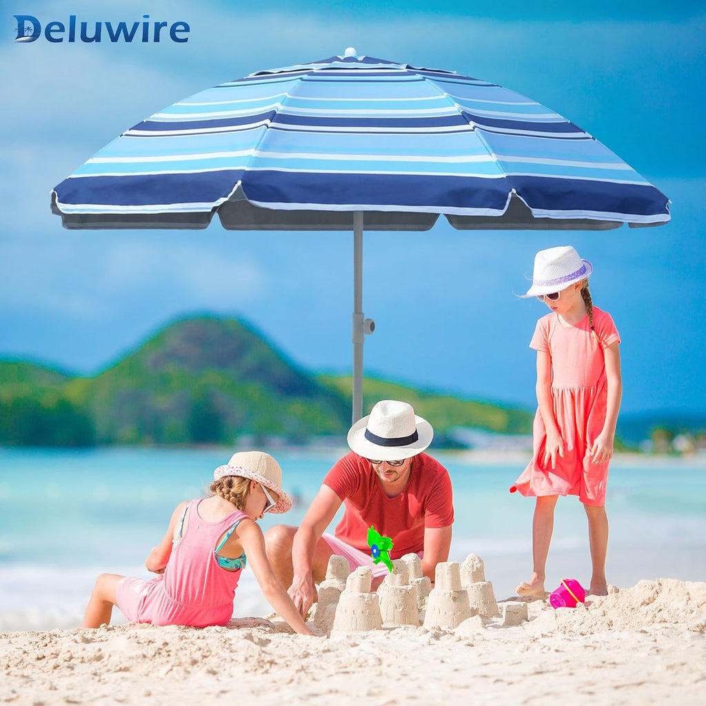 Deluwire 7ft Heavy Duty High Wind Beach Umbrella Parasols with sand anchor & Tilt Sun Shelter, UV 50+ Protection Outdoor Sunshade Umbrellas Carry Bag for Patio Garden Pool Backyard Stripe Blue insert completely into the sand