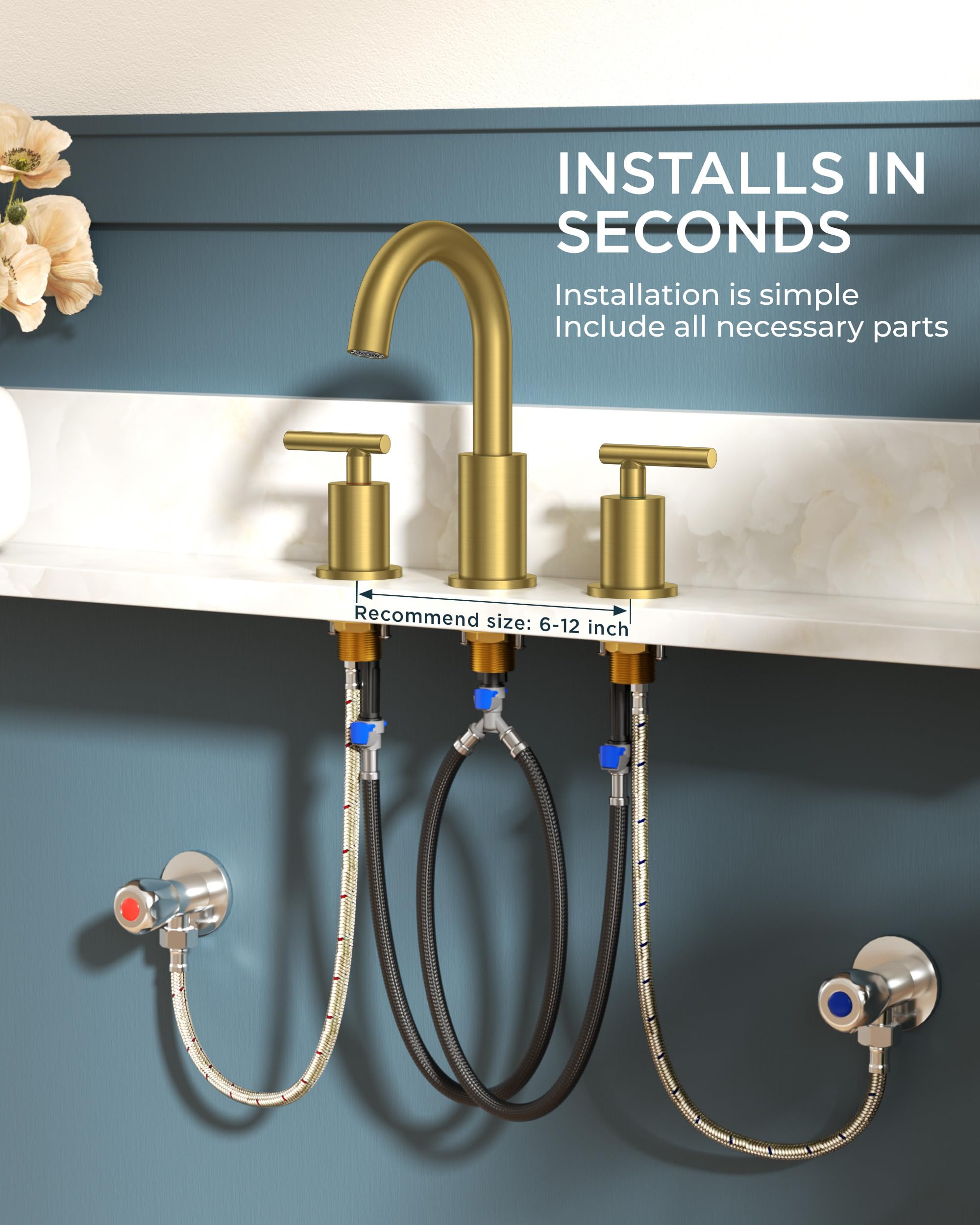 FORIOUS 4" Brushed Gold Bathroom Faucet Centerset 4 Inch, 2 Handle 2 Hole Gold Faucets for Bathroom Vanity wtih Metal Pop Up Dain, CUPC Supply Hose, High Arc Swivel Spout