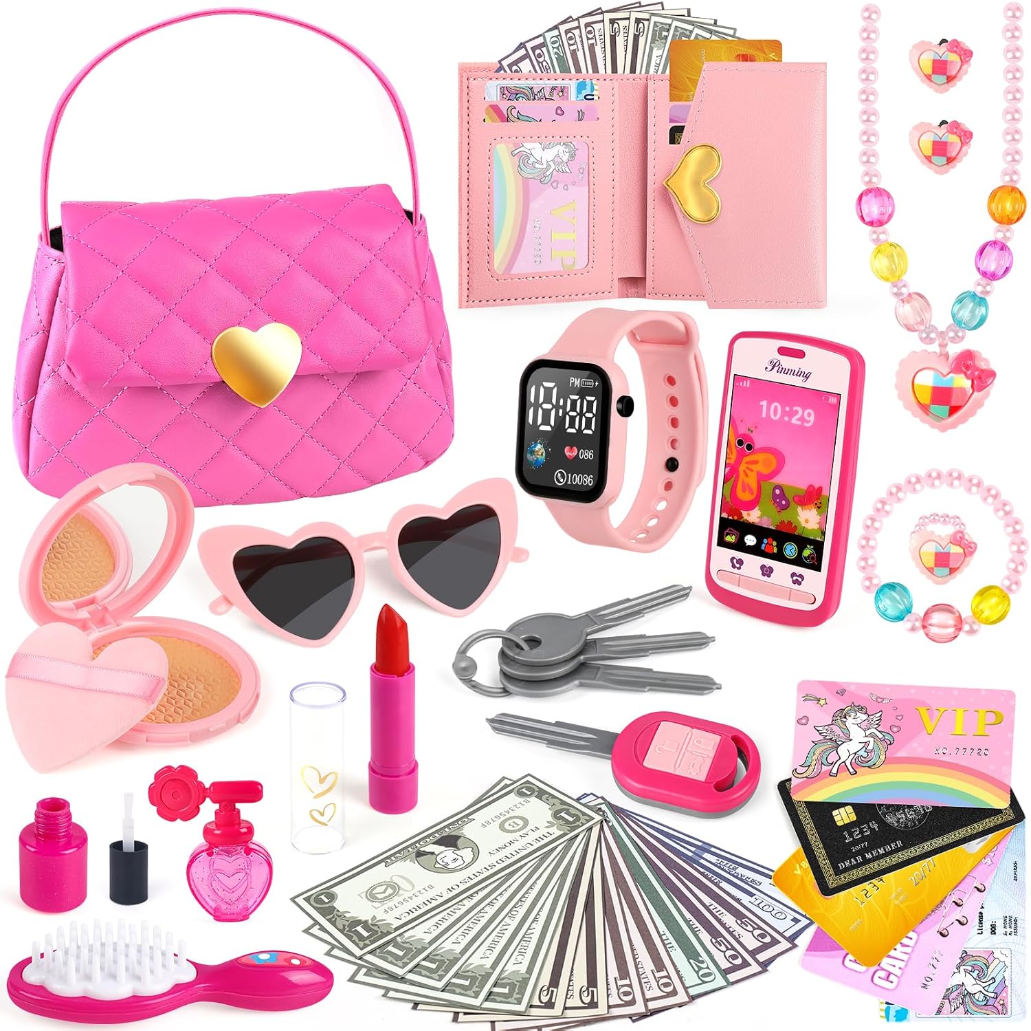 Kids Play Purse for Little Girls Toddlers, Toy Purse with Accessories, Wallet, Fake Phone, Fake Makeup Toys & Play Jewelry, Toddler Pretend Play Toys for Girls, Little Girl Gifts Age 3 4 5 6 Year Old