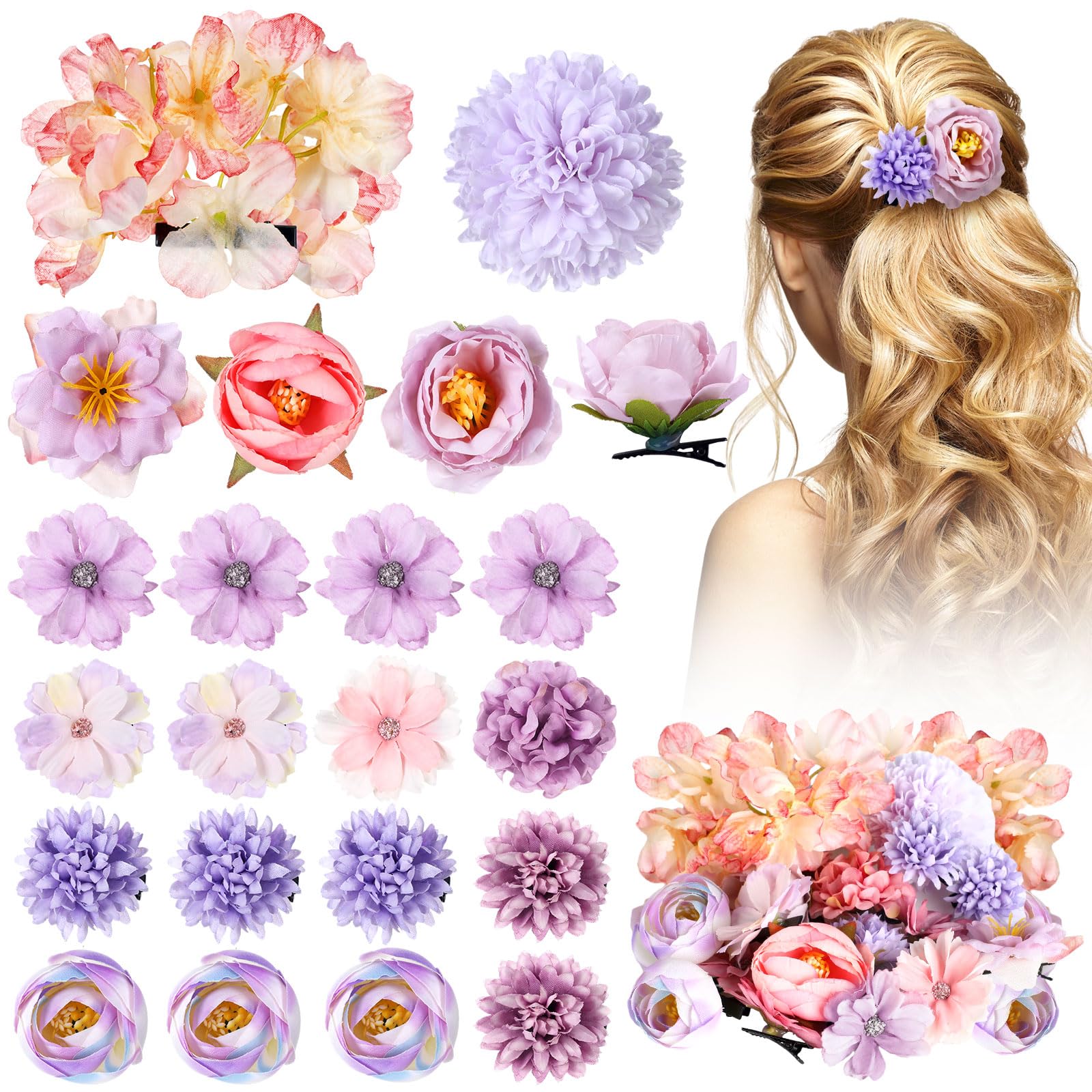 BBTO Flower Hair Clip Rose Hair Clips Barrettes for Women Flower Accessories Boho Bride Claw Clip Hairpin Brooch Pin Headpiece for Wedding(Beige Orange Series,21 Pcs)