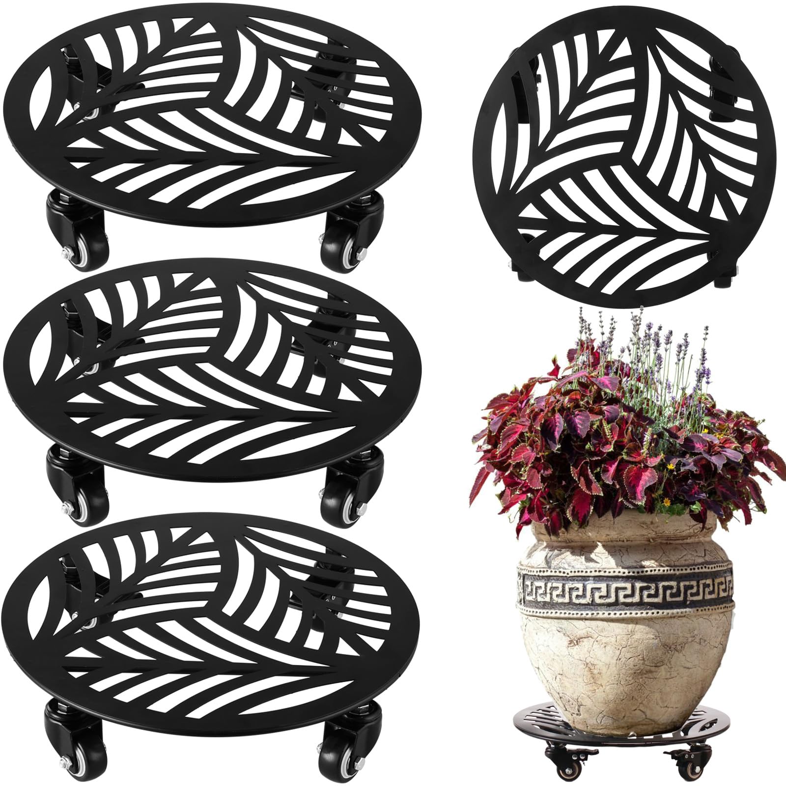 1 Pack 12 inches Large Metal Plant Caddy with 3 PU Metal Wheels Rolling Plant Stand with Casters Indoor Outdoor Wheeled Planter Roller Base Pot Movers Plant Dolly Coaster Trolley Black