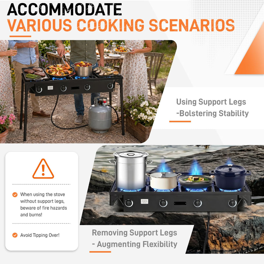 Outvita 2 Burner Propane Gas Stove for Outdoor Cooking, 150,000 BTU Camping Cooker with Removable Legs, Temperature Control Knobs for Backyard Cooking, BBQ, Baking and Frying
