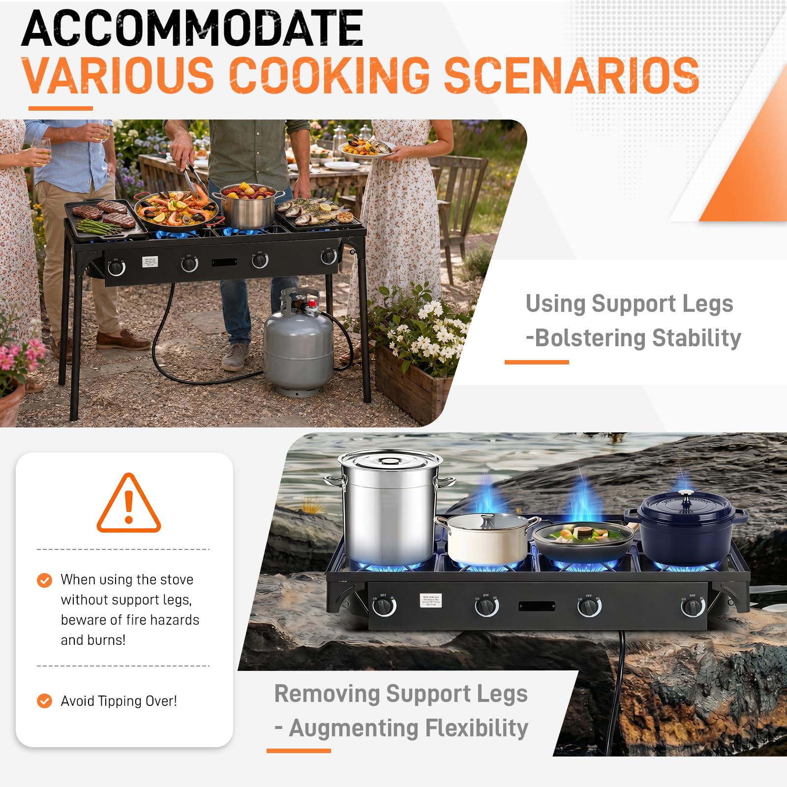 Outvita 2 Burner Propane Gas Stove for Outdoor Cooking, 150,000 BTU Camping Cooker with Removable Legs, Temperature Control Knobs for Backyard Cooking, BBQ, Baking and Frying