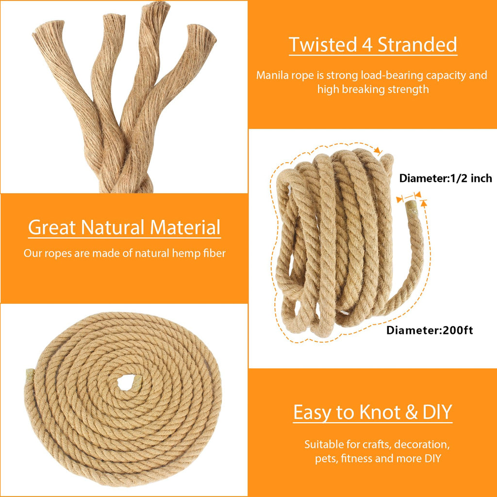 Manila Rope 2 Inch X 50 Ft, Thick Hemp Rope 4 Strand Twisted, Natural Hemp for Crafts Heavy Duty Multipurpose for Swing Bed, Camping, Tug of War, Docks, DIY Projects.