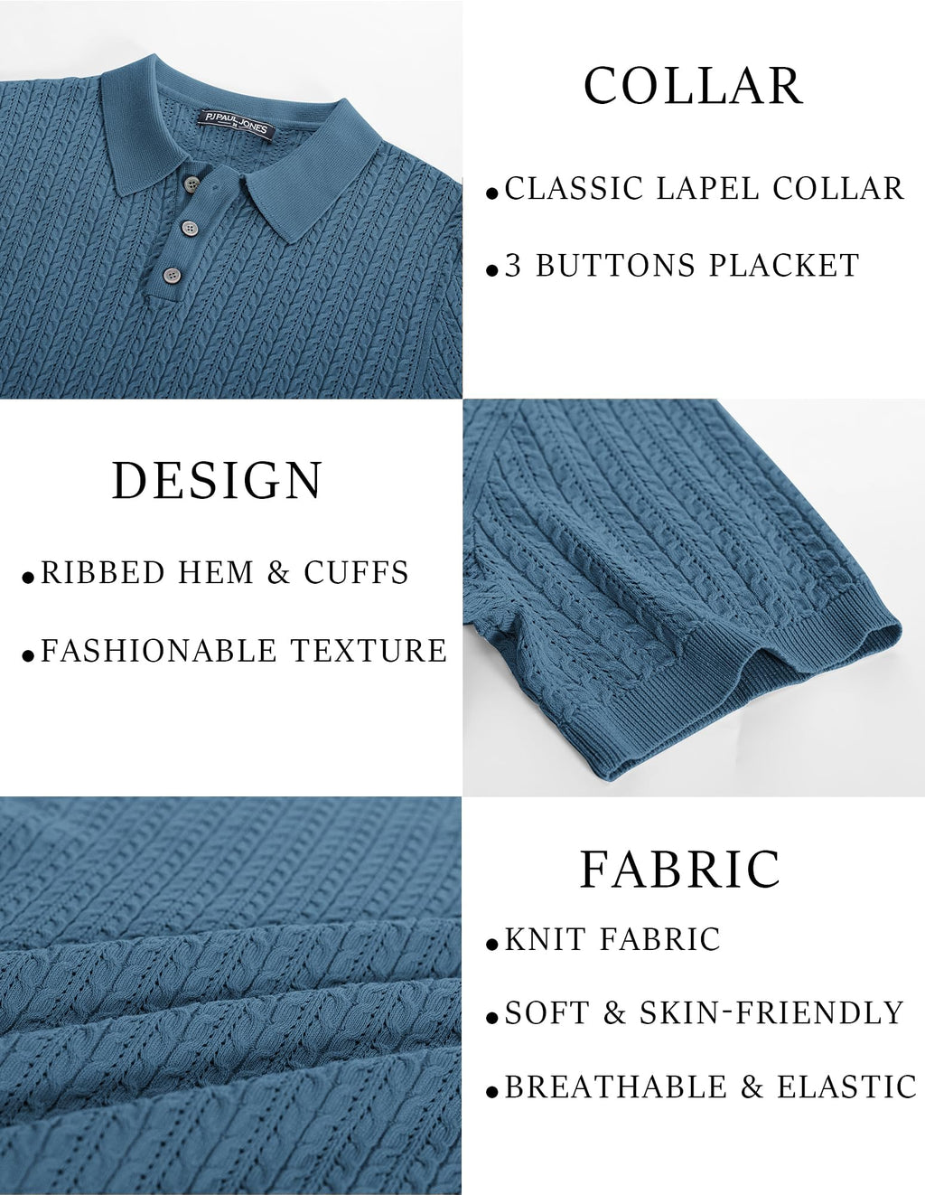 PJ PAUL JONES Mens Knit Polo Shirt Short Sleeve Hollow Out Knit Shirt Texture Knitted Polo