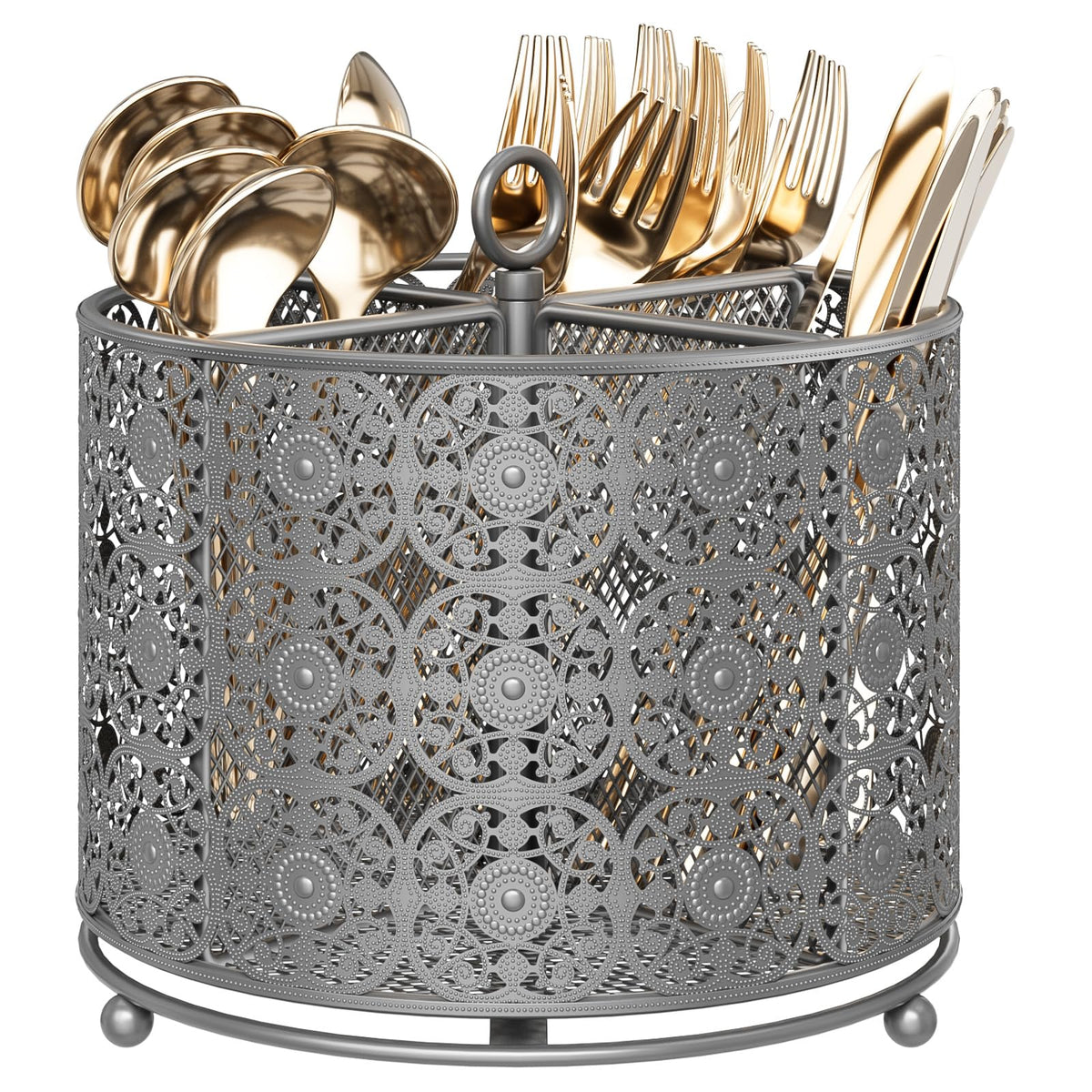 YIUKEA 360° Rotating Utensil Caddy Countertop - Cutlery Silverware Caddy Holder with 4 Compartment - Higher Raised Flatware Organizer with Handle for Party Kitchen Counter Office Black