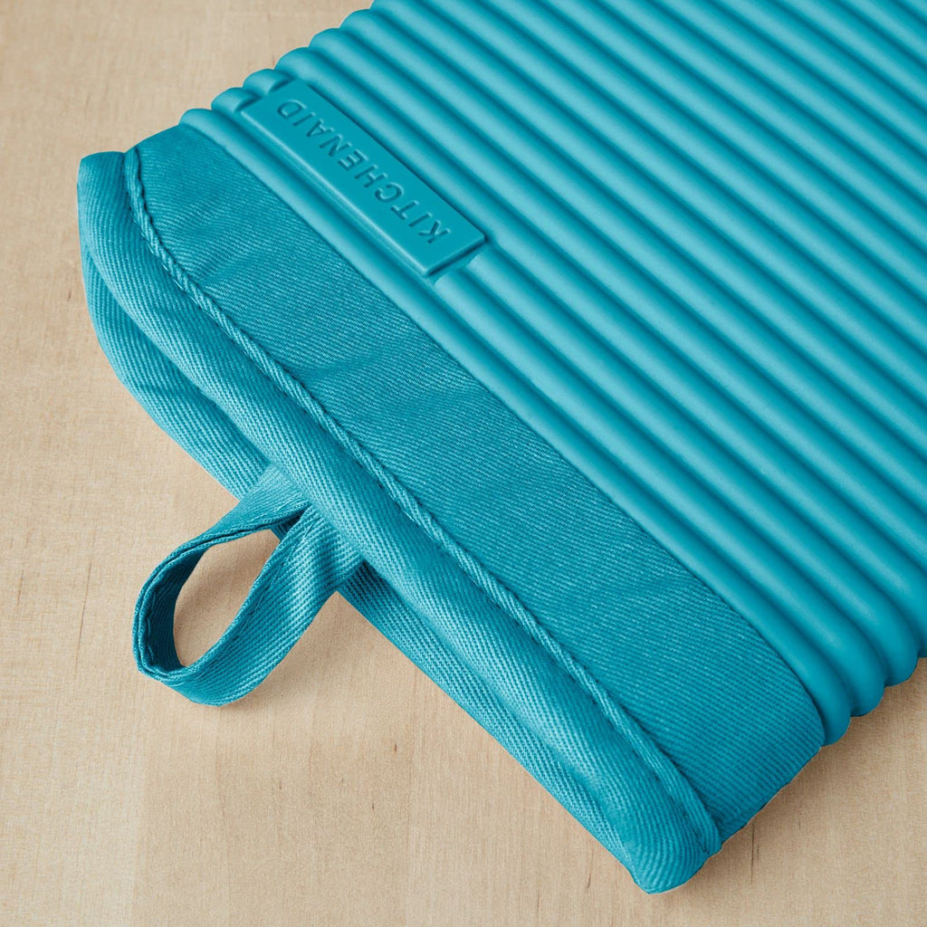 KITCHENAID Ribbed Soft Silicone Oven Mitt 2-Pack Set, 7.5"x13", Aqua Sky