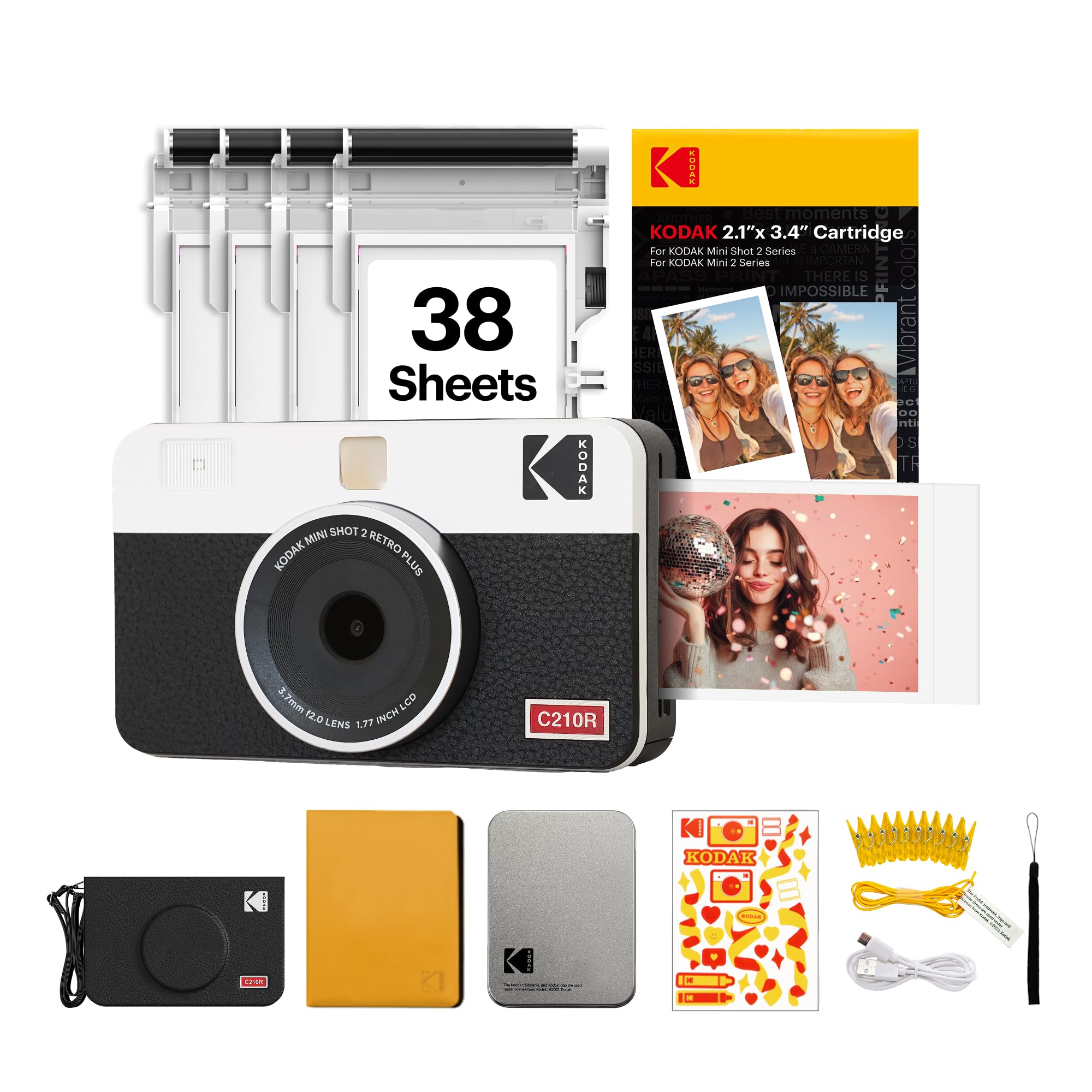 Kodak Mini Shot 2 Retro 4PASS 2-in-1 Instant Digital Camera and Photo Printer (2.1x3.4 inches) + 8 Sheets, White
