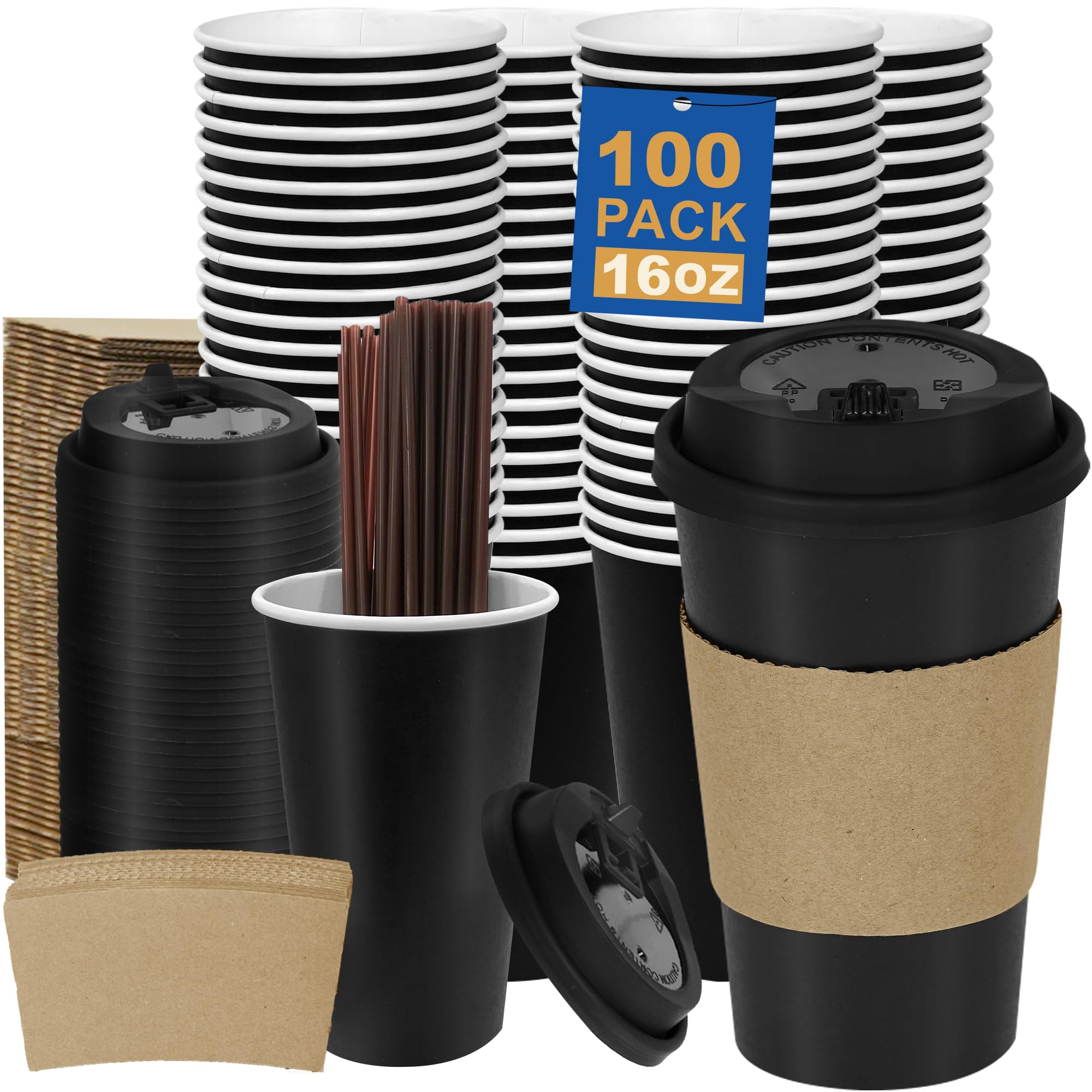 16 oz 100 Pack Corrugated Ripple Wall Disposable Coffee Cups with Lids and Straws, Heavy Duty Insulated Cups for Hot Beverage or Cold Drinks, Bulk for Restaurants, Offices, Coffee Shops(Black)