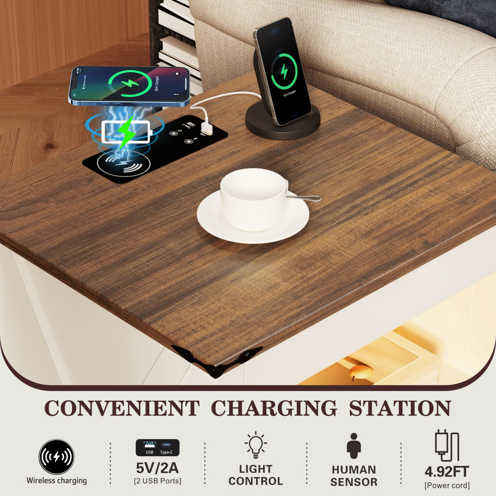 TAGELIER Farmhous Nightstand with Gun Drawer,Bedside Table with Charging Station, Gun Night Stand with LED Light & Human Sensor,Smart End Table for Bedroom, Black