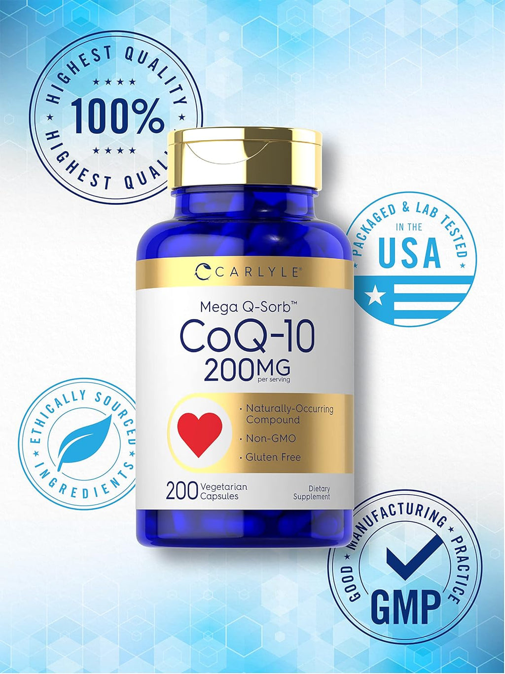 Carlyle CoQ10 200mg | 200 Capsules | Mega Q-Sorb Coenzyme Q-10 | Vegetarian, Non-GMO, Gluten Free Supplement