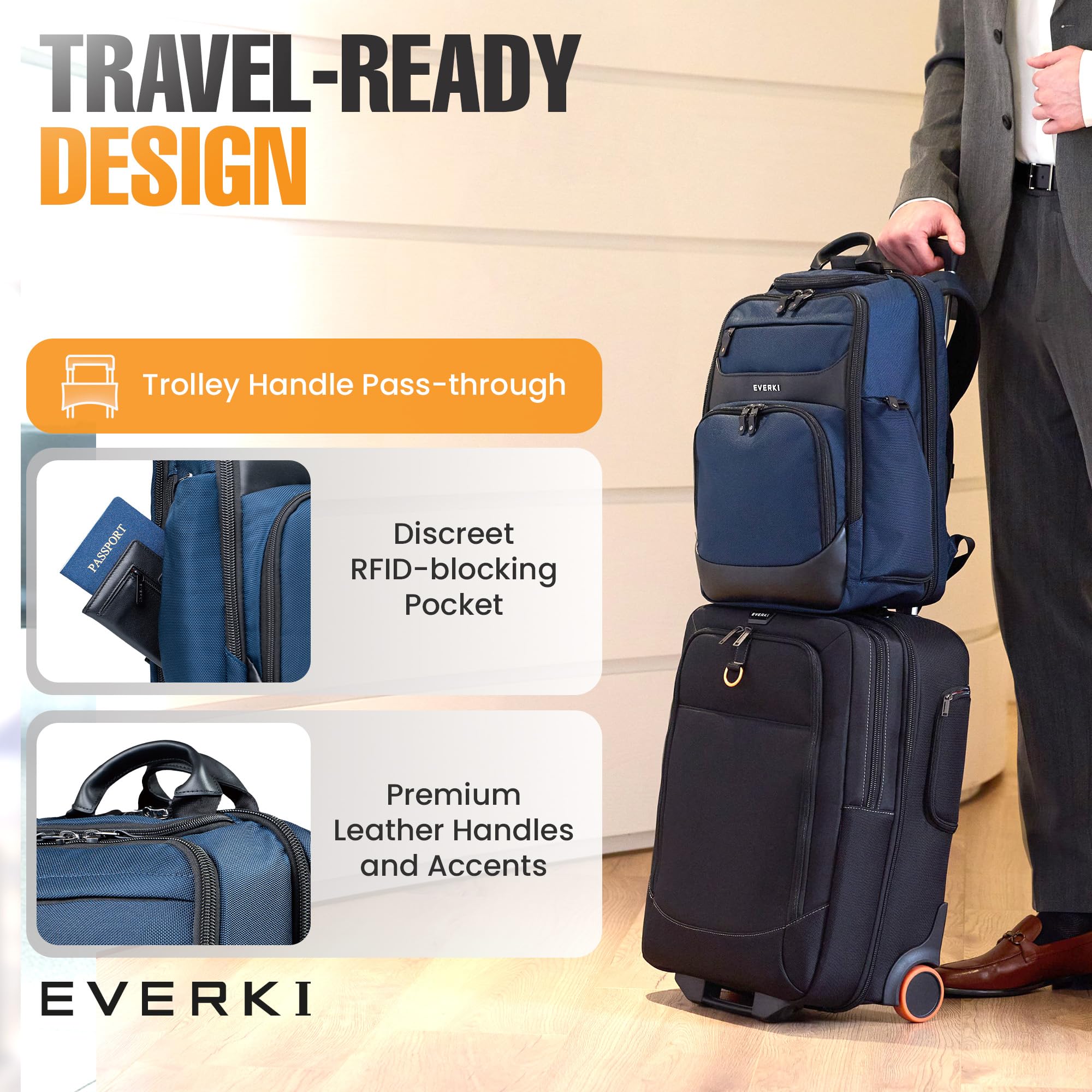 EVERKI Onyx 25L Business Laptop Backpack – Professional Travel Backpack for Men & Women, Laptop Bag with Premium Leather Ballistic & Nylon, Office & Flight Approved, Fits Laptops up to 15.6” - Black