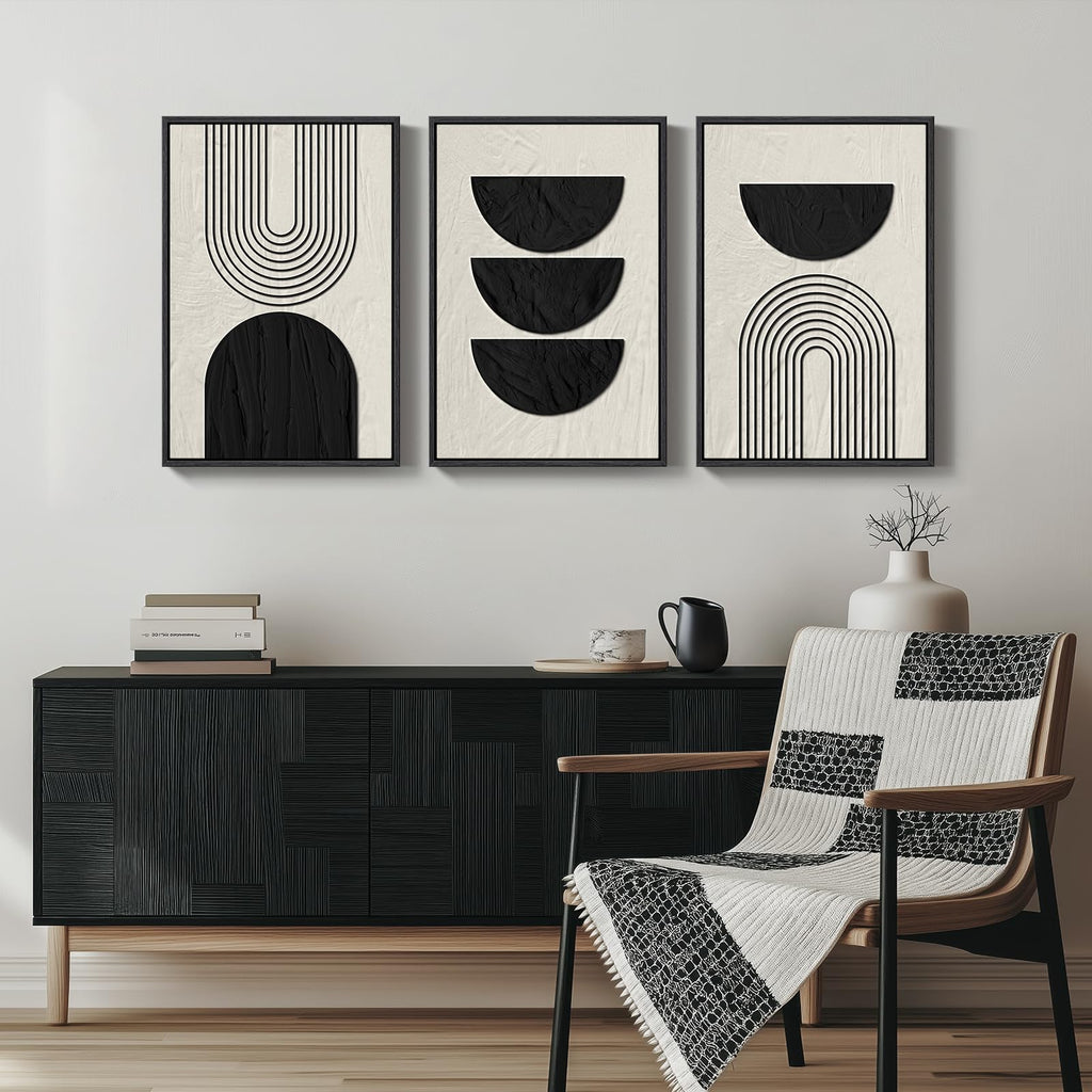 Framed Black and White Modern Abstract Wall Art, 3 Piece Canvas Prints Paintings Artwork for Walls, Minimalist Black White Grey Pictures for Living Room Dining Room Bedroom Office Wall Decor 16x24 In