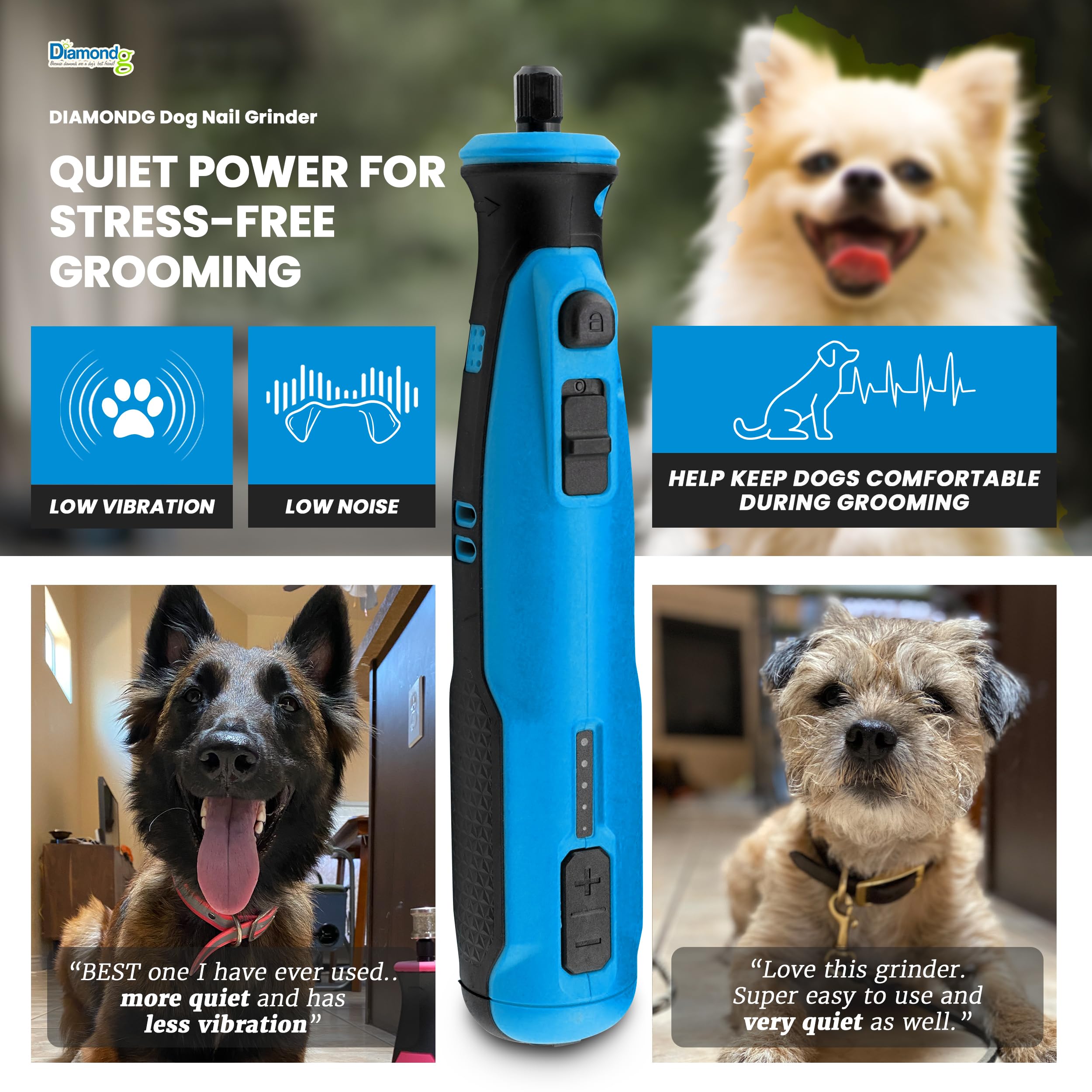 Diamondg Cordless Dog Nail Grinder with Quiet Sound & LED Tip for Large & Small Dogs, 4hrs. Runtime - Electric Dog Nail Trimmer, Heavy Duty Rotary Tool Alternative to Toenail Clippers & Filers