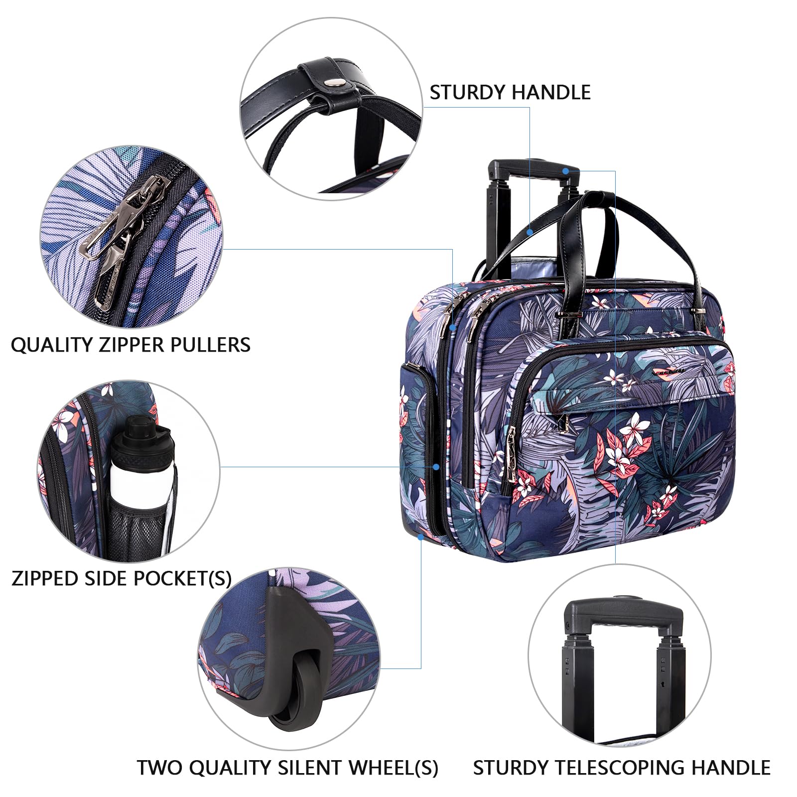 VANKEAN Rolling Laptop Bag Women with Wheels, Fits Up to 15.6 Inch Rolling Briefcase Water Repellent Rolling Computer Bag (Floral)