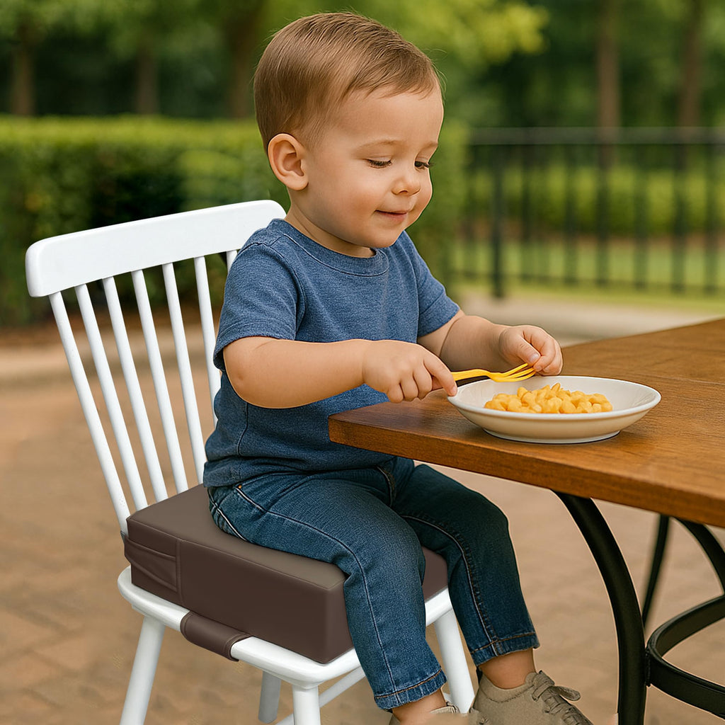 Toddler Booster Seat for Dining Table – PU Washable Cushion with Double Safe Straps, Non-Slip Bottom, Portable Travel Booster Seat for Toddlers (Dark Brown)