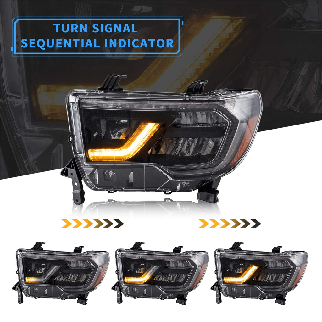 VLAND LED Headlights Compatible with Toyota Tundra 2007-2013/ Sequoia 2008-2021 w/Sequential Turn Signal, w/Diamond White DRL w/LED Reflection bowl Amber Reflector Black Trim Panel
