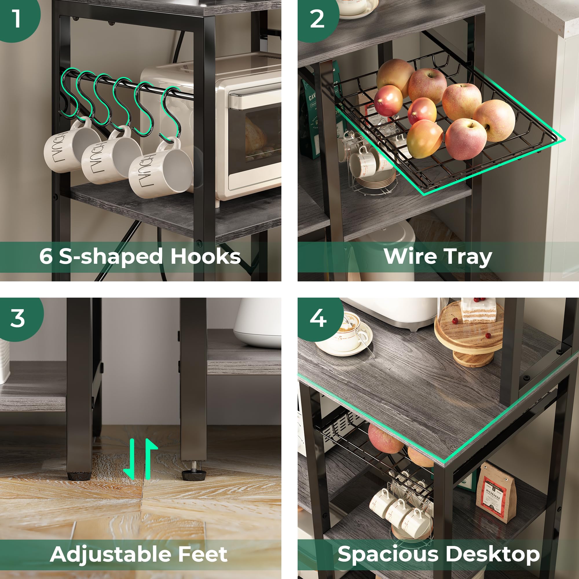 SUPERJARE Bakers Rack with Power Outlet, 35.4 Inches Coffee Bar with Wire Basket, Kitchen Microwave Stand with 6 S-Shaped Hooks, Open Storage Shelves, Black