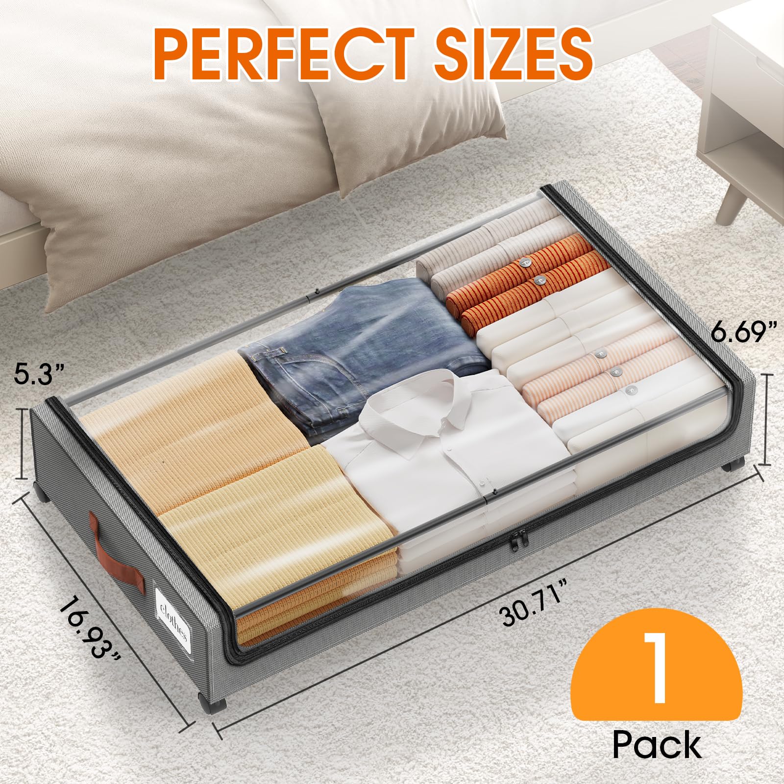 SpaceHacks Under Bed Storage with Wheels 1Pack Underbed Storage with Clear Window&Label Under Bed Drawers Large Capacity Rolling Under Bed Storage for Clothes,Shoes, Blankets (Beige)