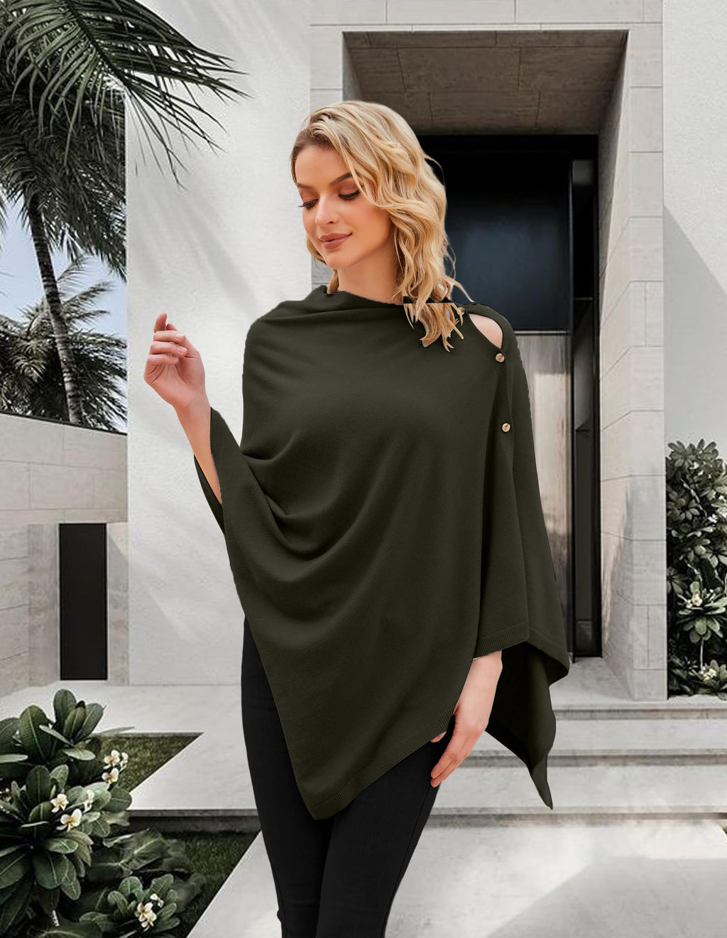 PULI Women's Versatile Knitted Shawls Scarf Poncho Sweater with Buttons Lightweight Spring Summer Fall Wraps