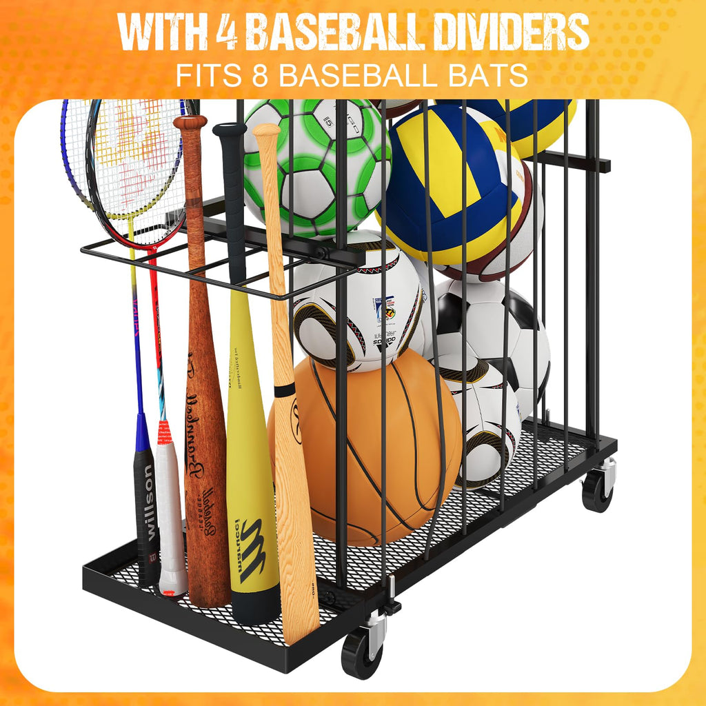 Hencawima Garage Ball Storage: Round Sports Equipment Organizer with Wheels, Sports Ball Rack With Elastic Rope, Ball Holder for Basketball, Soccer, Volleyball, Football, Garage, Gym, Outdoor (Black)