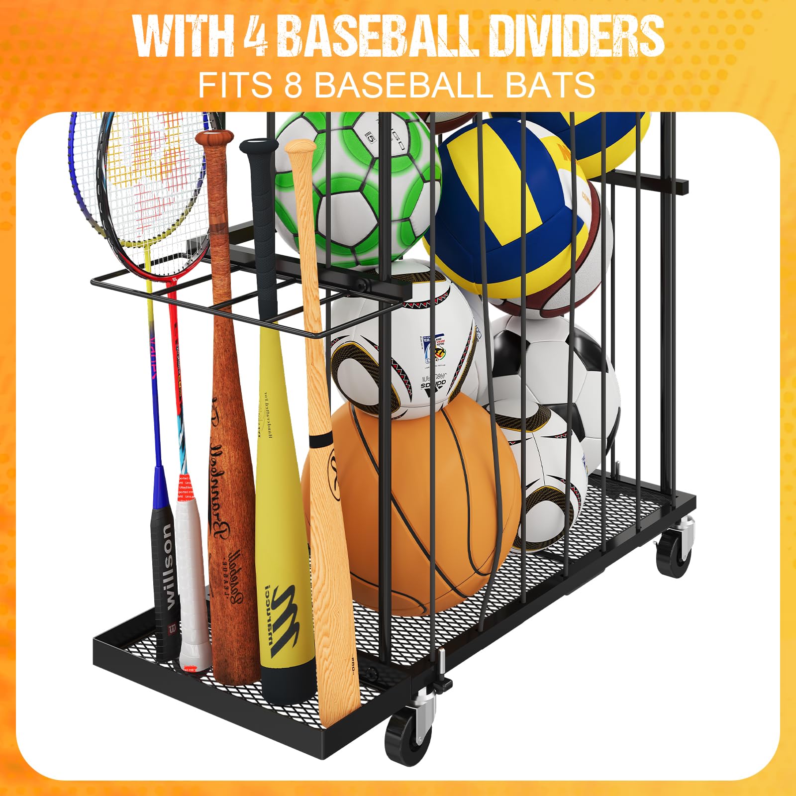 Hencawima Garage Ball Storage: Round Sports Equipment Organizer with Wheels, Sports Ball Rack With Elastic Rope, Ball Holder for Basketball, Soccer, Volleyball, Football, Garage, Gym, Outdoor (Black)