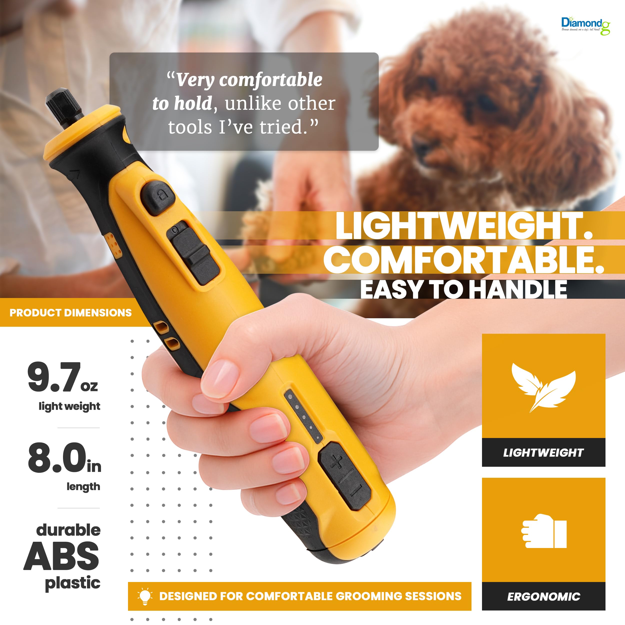 Diamondg Cordless Dog Nail Grinder with Quiet Sound & LED Tip for Large & Small Dogs, 4hrs. Runtime - Electric Dog Nail Trimmer, Heavy Duty Rotary Tool Alternative to Toenail Clippers & Filers