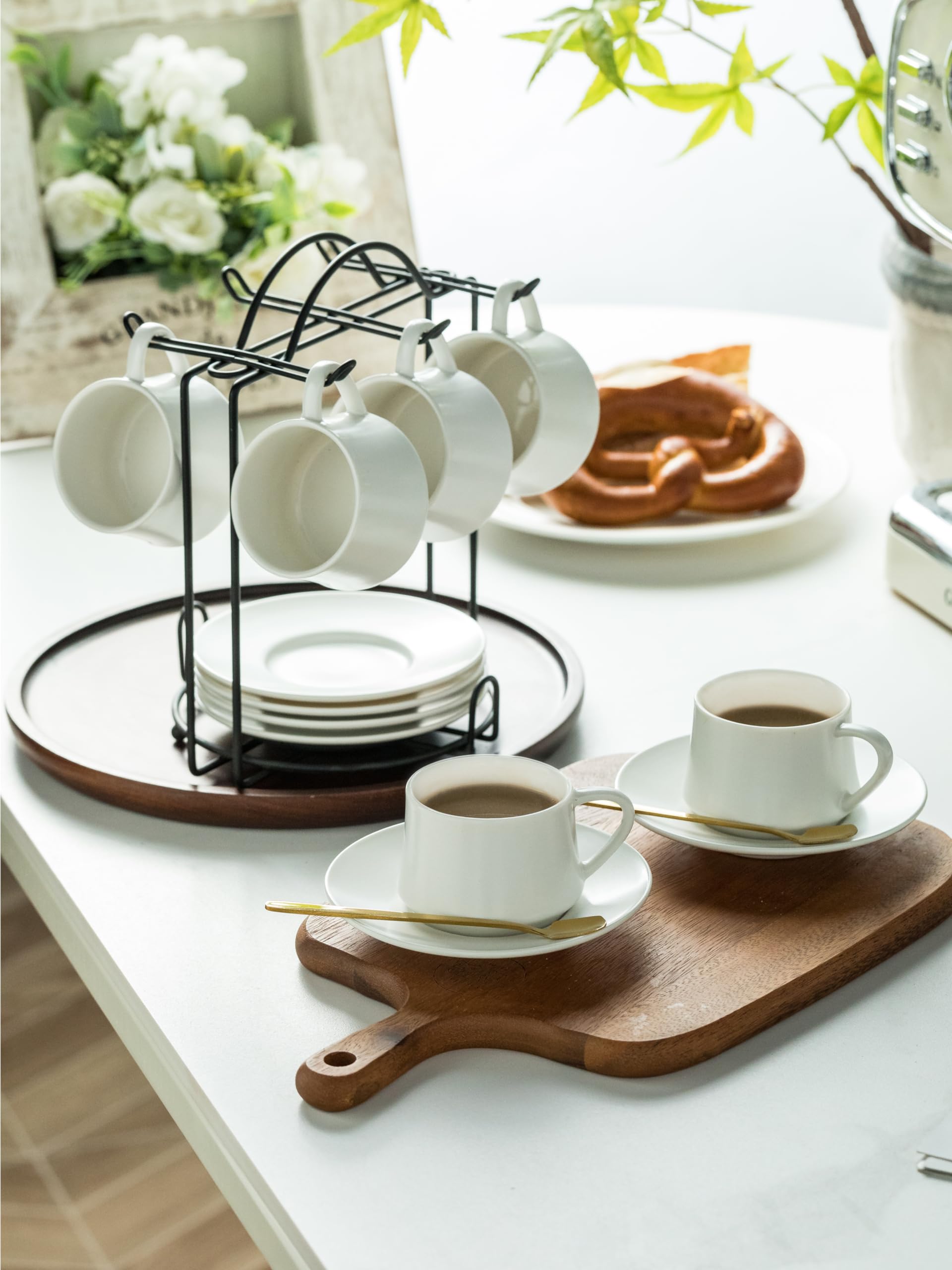 YHOSSEUN Ceramic Espresso Cups Set of 6, 4 OZ Expresso Shots Cup with Stand, Saucers & Spoons, Small Coffee Cup Demitasse Cups for Father's Day, Espresso Accessories for Machine, Black