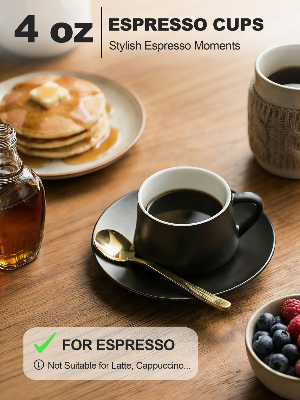 YHOSSEUN Ceramic Espresso Cups Set of 6, 4 OZ Expresso Shots Cup with Stand, Saucers & Spoons, Small Coffee Cup Demitasse Cups for Father's Day, Espresso Accessories for Machine, Black