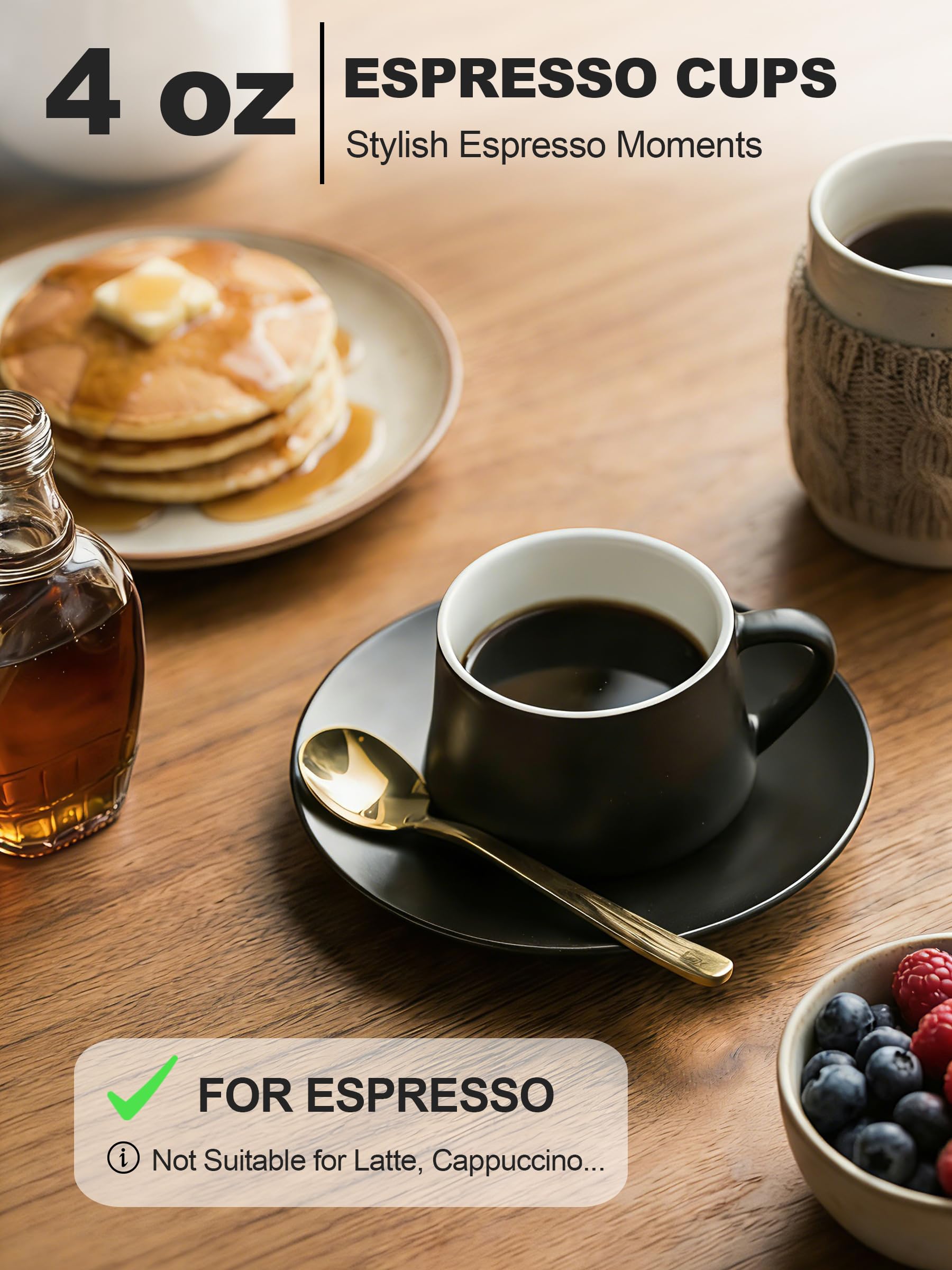 YHOSSEUN Ceramic Espresso Cups Set of 6, 4 OZ Expresso Shots Cup with Stand, Saucers & Spoons, Small Coffee Cup Demitasse Cups for Father's Day, Espresso Accessories for Machine, Black