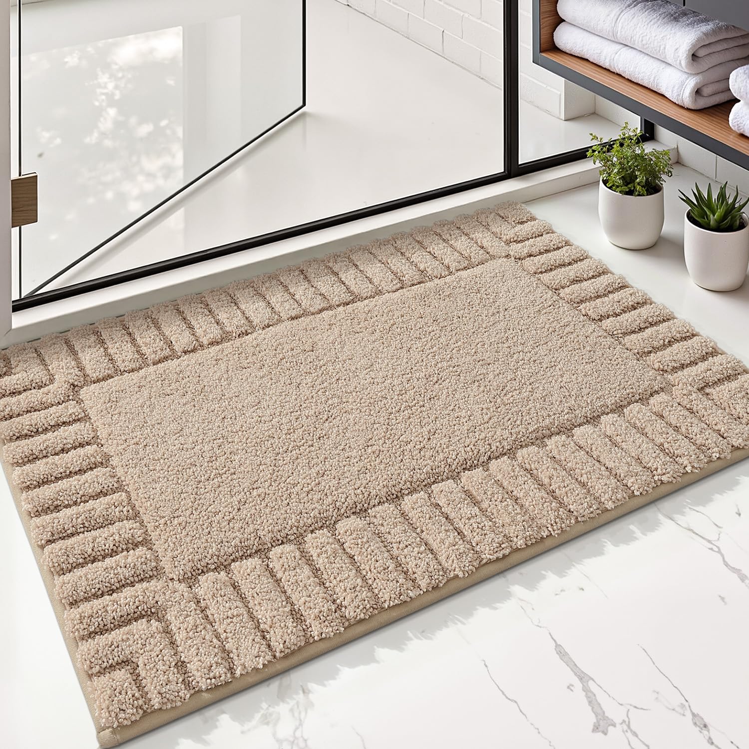 LUMI Bathroom Rugs Non Slip with Rubber Backing, Extra Soft Plush Microfiber Bath Rug Absorbent, Machine Washable Bath Mat Quick Dry for Tub, Shower, Hotel, Beige, 16"x24"