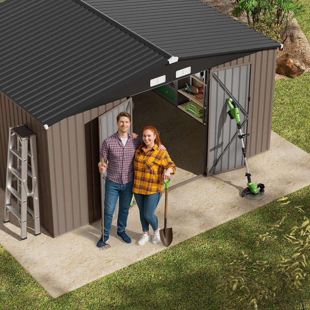 GVDV - Cobertizo de almacenamiento al aire libre de 10 x 12 pies, almacenamiento exterior de metal duradero para jardín, patio y patio trasero, refugio impermeable para herramientas y equipo
