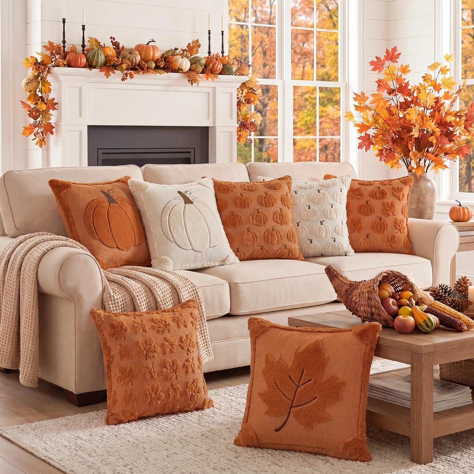 Fall Beige Pillow Covers 18x18 Set of 2 Double-Sided Pumpkin Plush | Boho farmhouse comfort with raised Autumn pumpkin embroidery, designed for living rooms, sofas, and cozy fall home decor.
