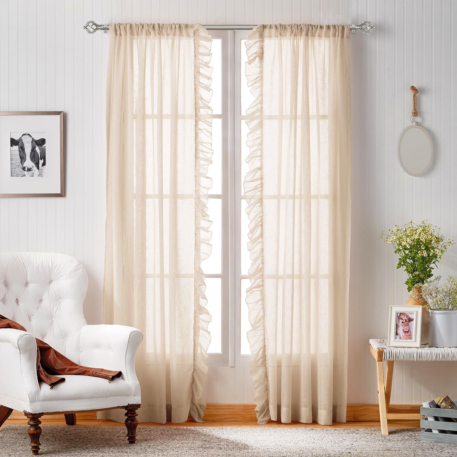 KAMANINA Silver Curtain Rod 32 to 58 Inch(2.6-4.8ft), Adjustable Curtain Rods for Windows 28 to 48 Inch, 3/4 Inch Splicing Drapery Rods with Twisted Cage Finial