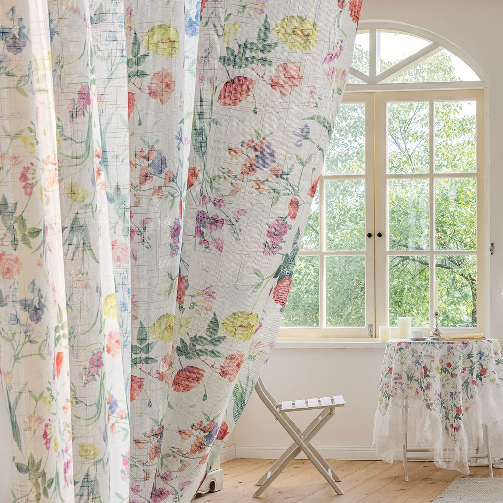 SUOUO Blue Leaf Semi Sheer White Curtains for Bedroom Dining Living Room Linen Textured 84 inches Long Rod Pocket Boho Window Drapes 2 Panels