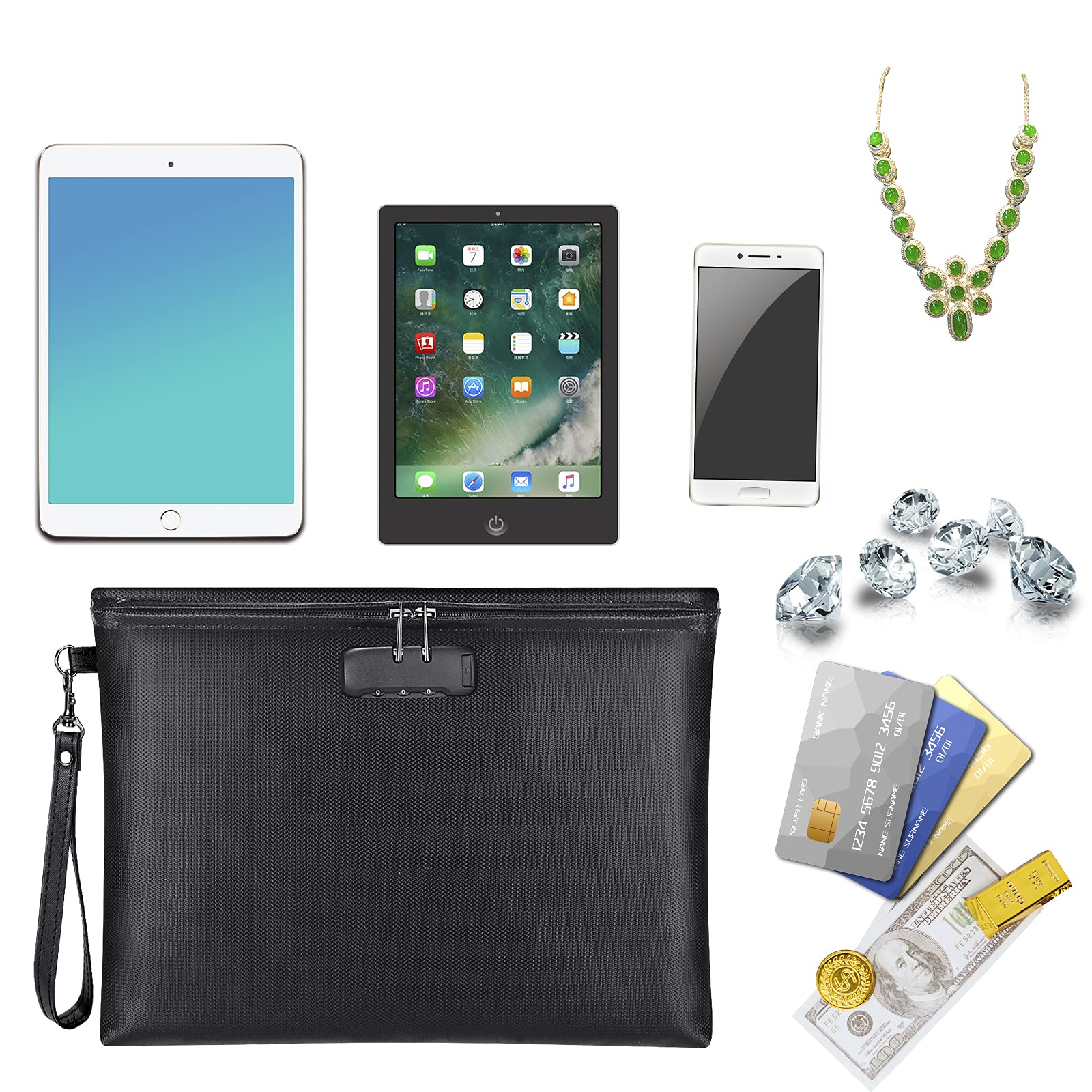 Fireproof Money Bag with Lock, 11.2"x7.6" Fireproof Cash Bag with Zipper Closure, Storage Pouch for A5 Size Document, Cheque, Cash, Cell Phone, Tablet, Credit Card, Passport, Jewelry (Black)