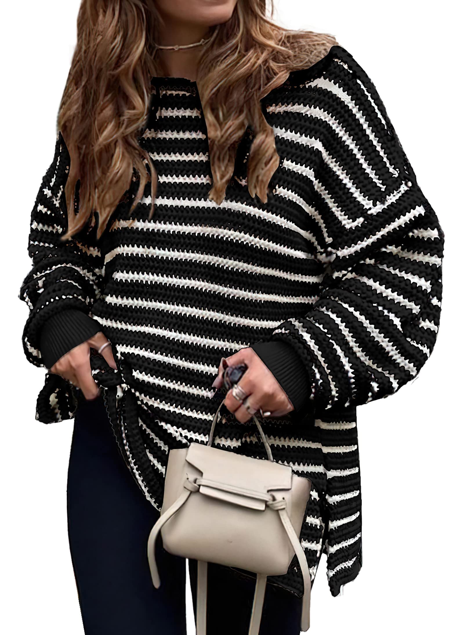 KIRUNDO Women's 2026 Fall Winter Oversized Long Sleeve Striped Sweater Casual Crewneck Side Split Pullover Knit Tops