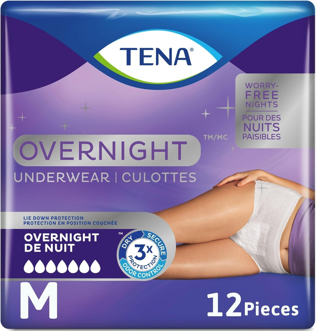 TENA Adult Incontinence, Discrete Disposable, Underwear, Comfortable Fit, Overnight Protection, Unisex, Medium (M), 12 Count