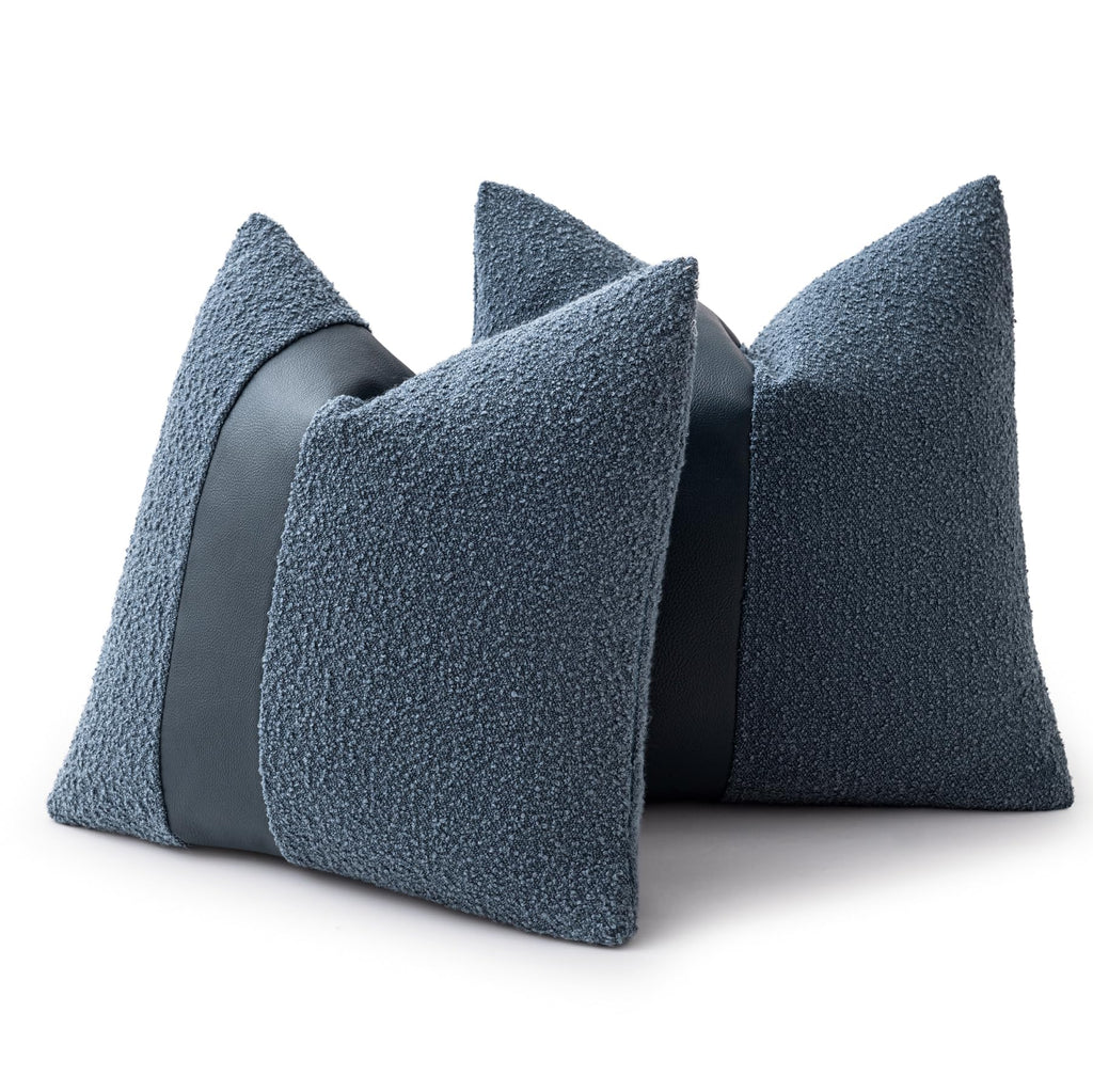 18"x18" Charcoal Black Boucle Throw Pillow Covers with Faux Leather Accents Set of 2 Fluffy Textured Decorative Pillow Cases for Couch Bed Boho Farmhouse Square Cushion Covers for Nordic Home