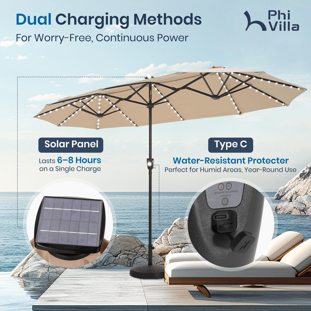 PHI VILLA 13ft Patio Umbrella with Solar-Powered 120 PCS LED Color-Changing Lights, Triple-Head Large Rectangle Umbrella Outdoor Patio for Table with Crank Lift,Beige(No Base)